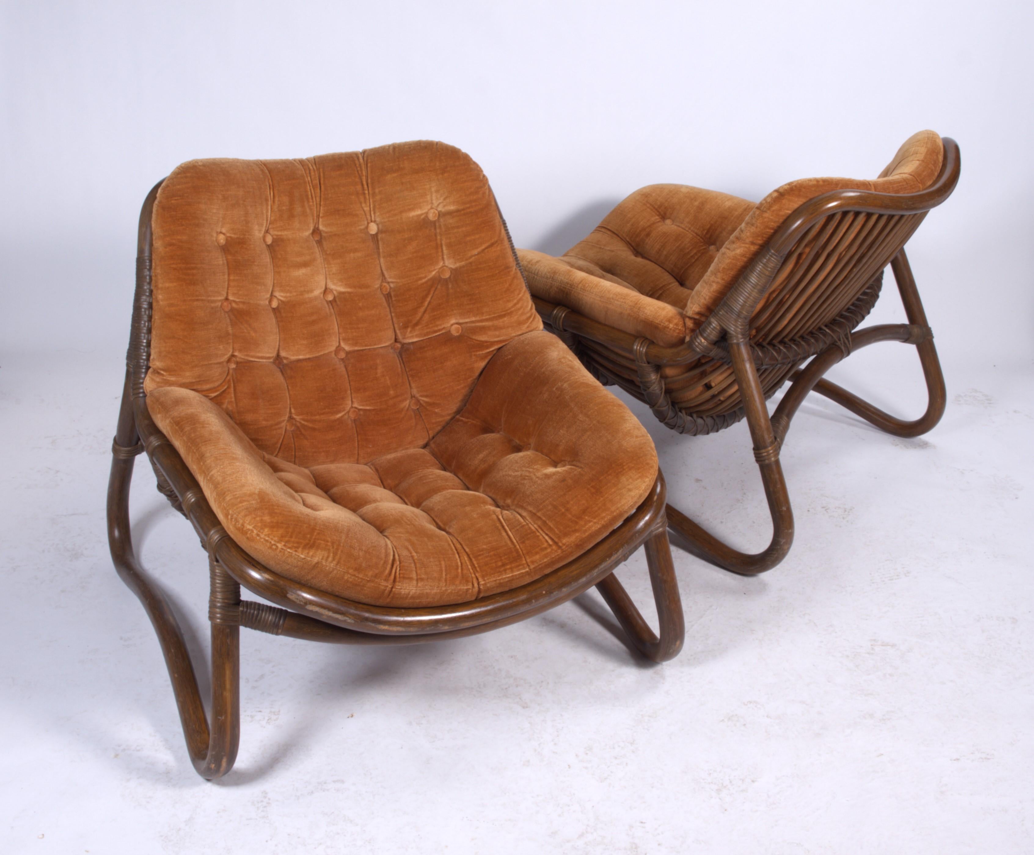 Vintage Bamboo & Velour Lounge Chairs & Ottoman, Denmark, 1970s In Good Condition In Store Heddinge, DK