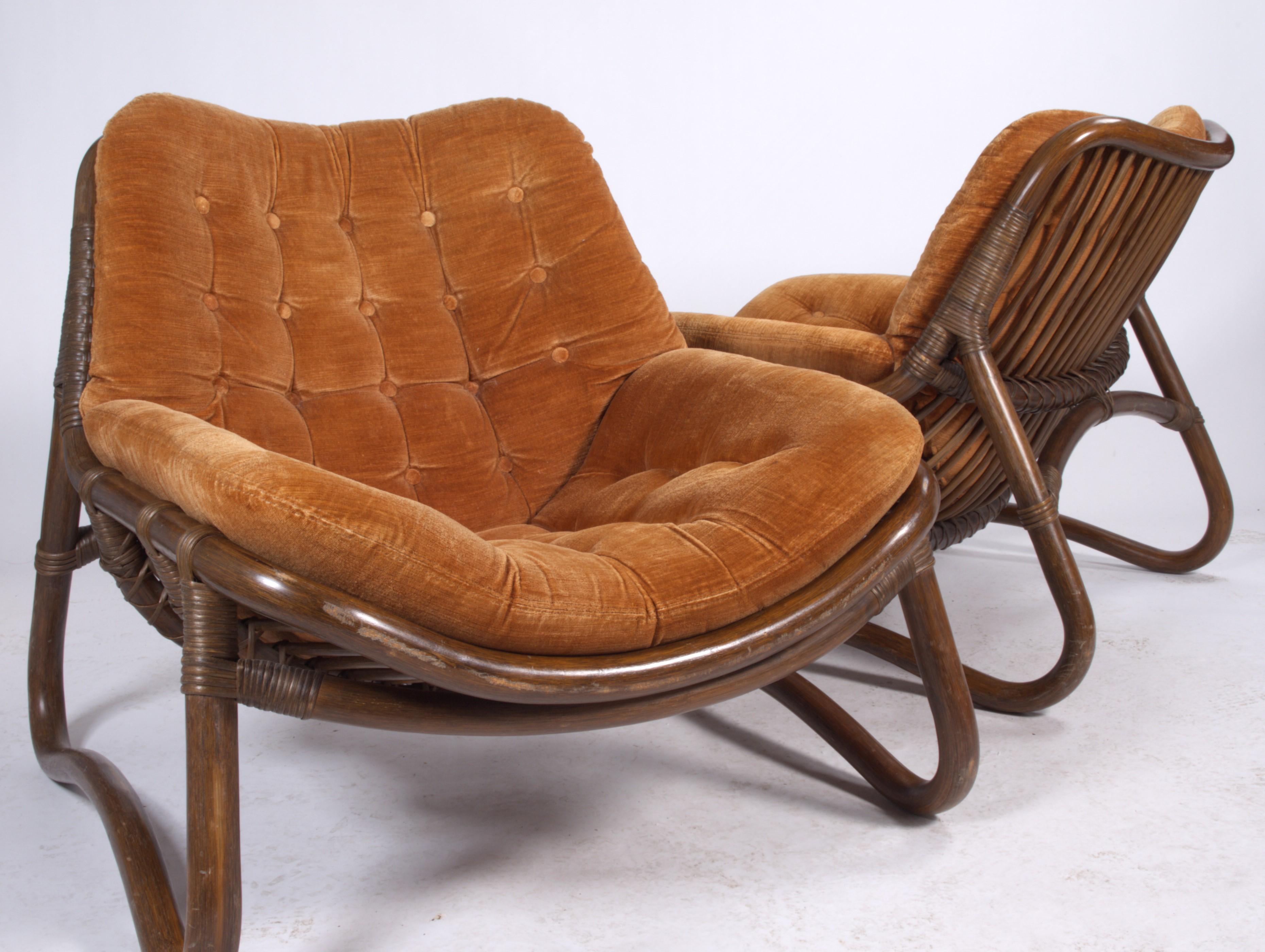Late 20th Century Vintage Bamboo & Velour Lounge Chairs & Ottoman, Denmark, 1970s