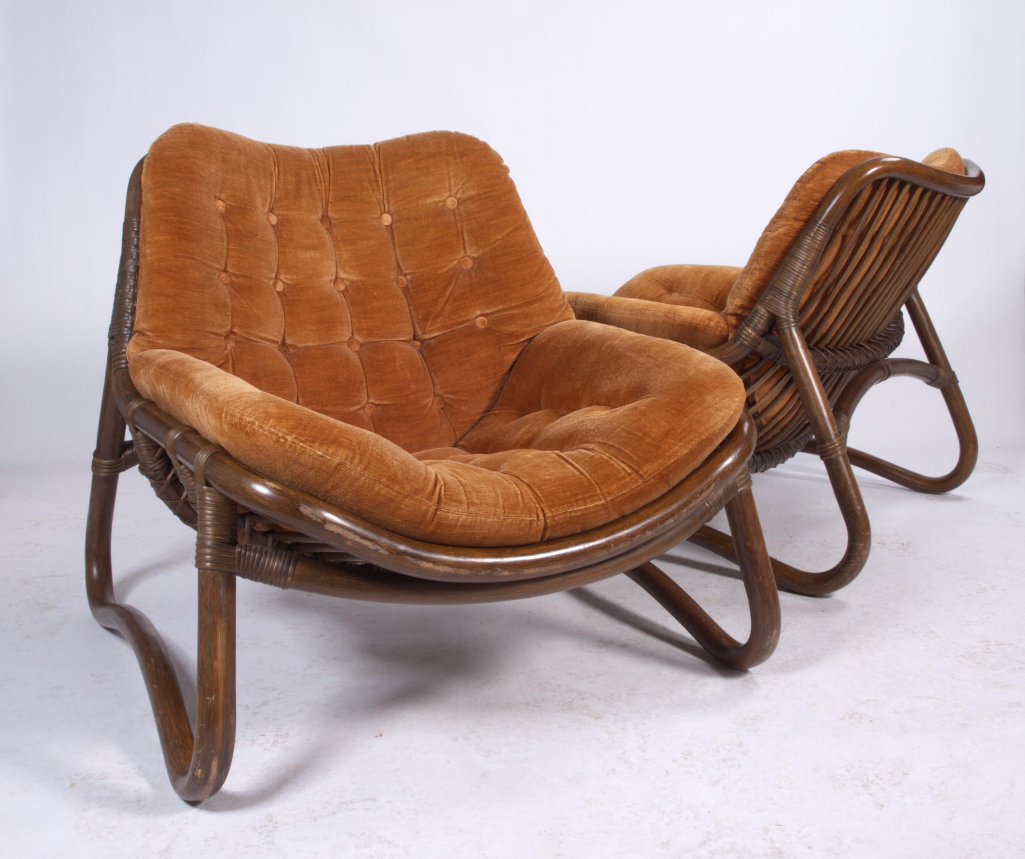 Velvet Vintage Bamboo & Velour Lounge Chairs & Ottoman, Denmark, 1970s