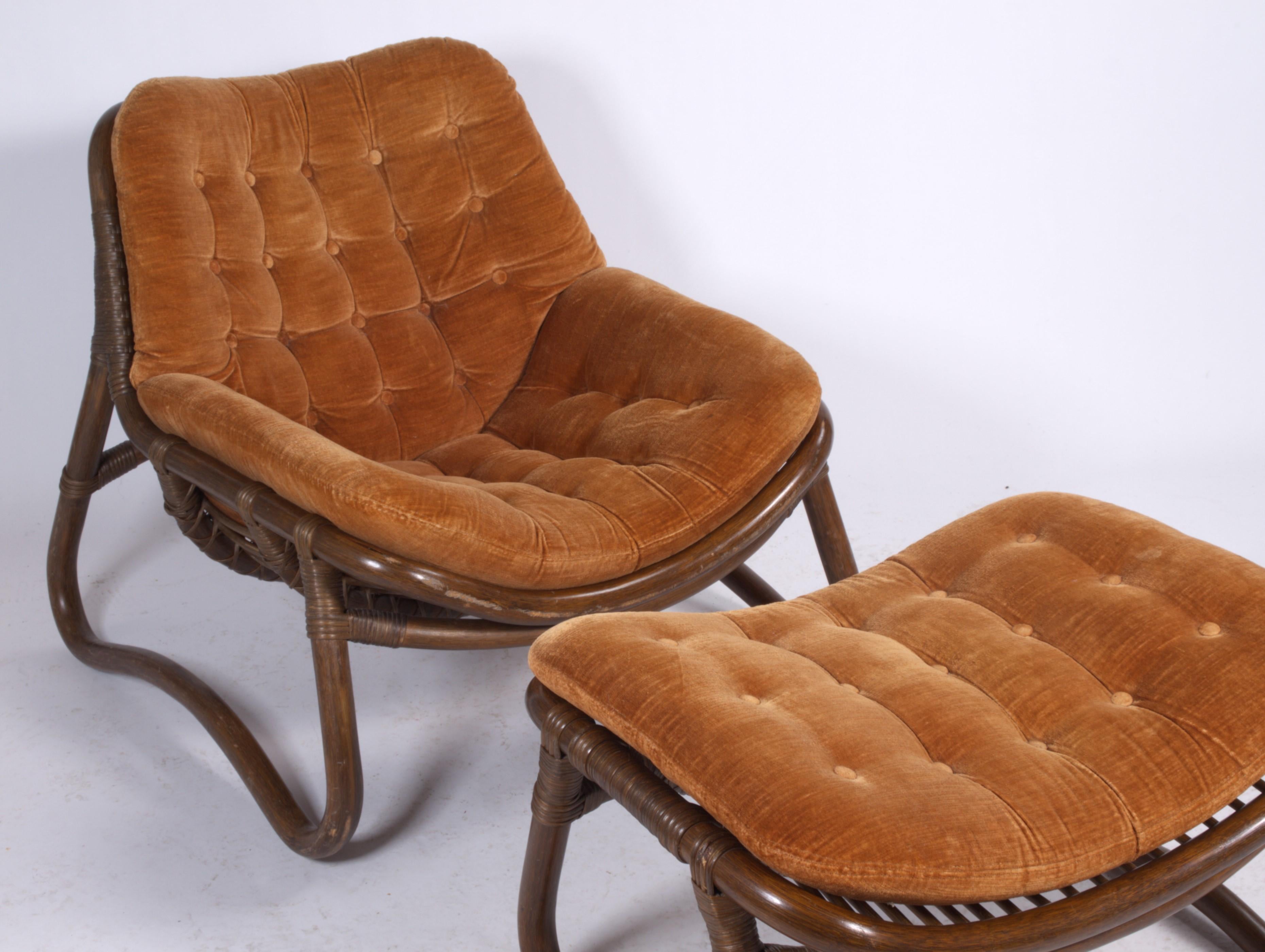 Vintage Bamboo & Velour Lounge Chairs & Ottoman, Denmark, 1970s 2