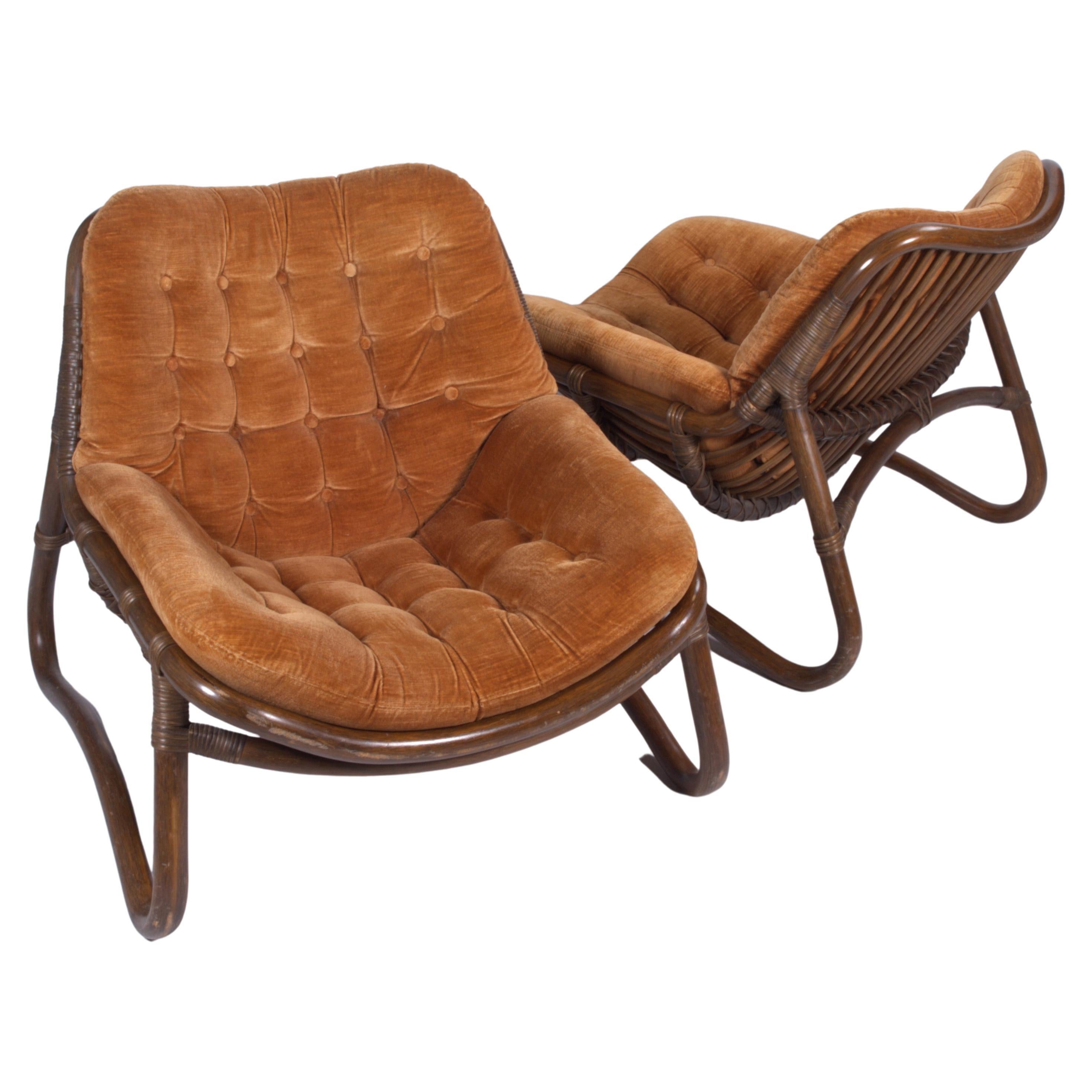 Vintage Bamboo & Velour Lounge Chairs & Ottoman, Denmark, 1970s