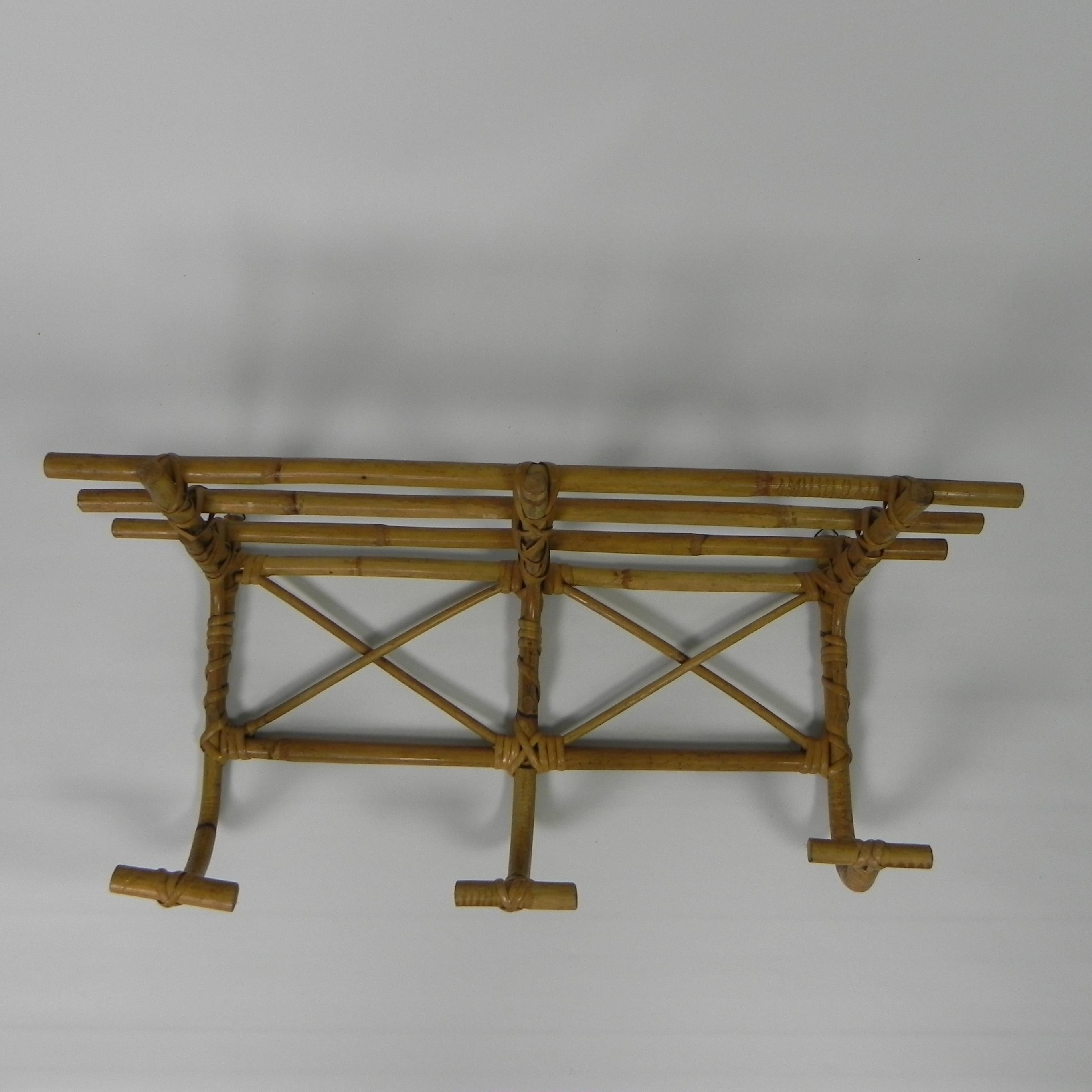 Bamboo Vintage bamboo wall coat rack with 3 hooks, 1950s For Sale