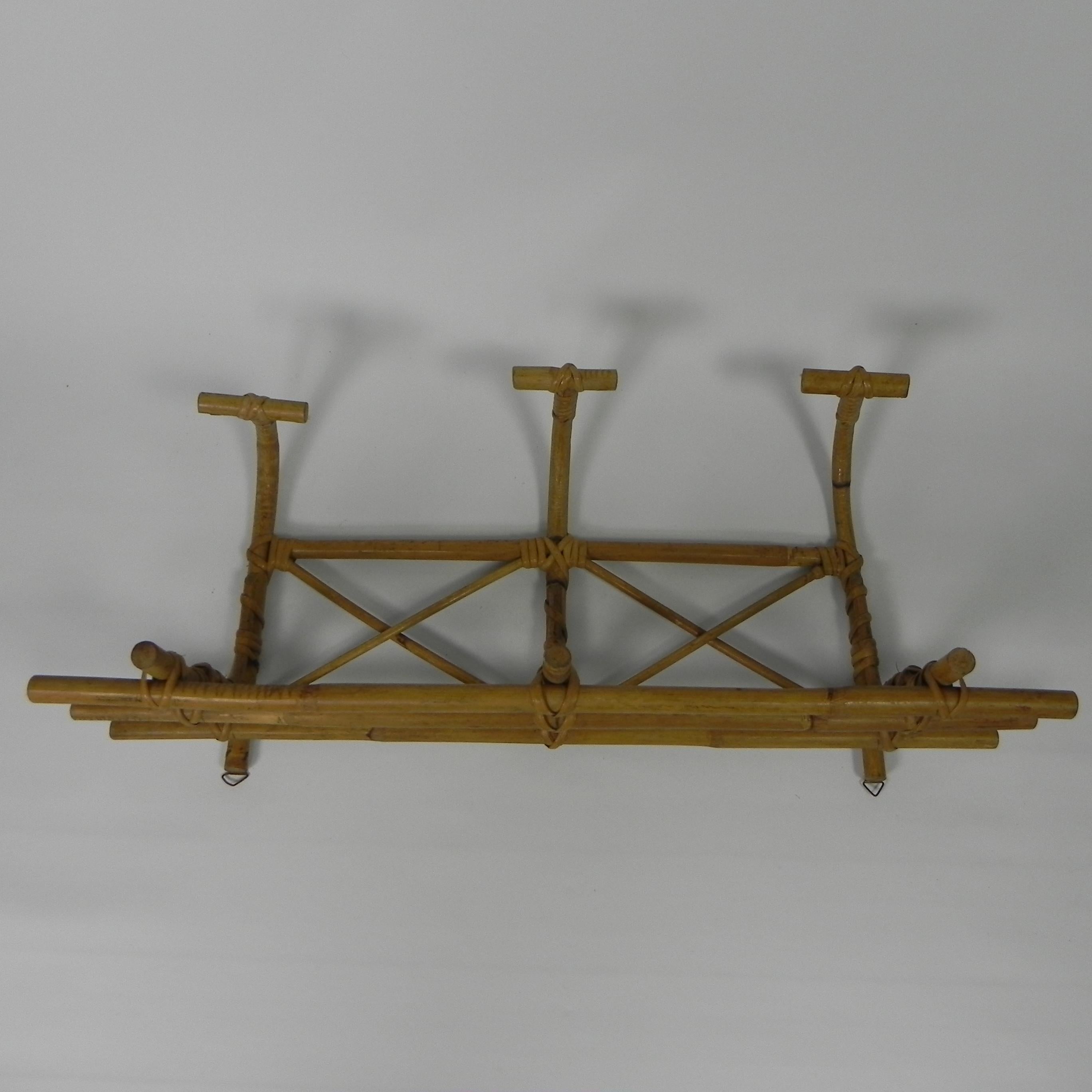 Vintage bamboo wall coat rack with 3 hooks, 1950s For Sale 1