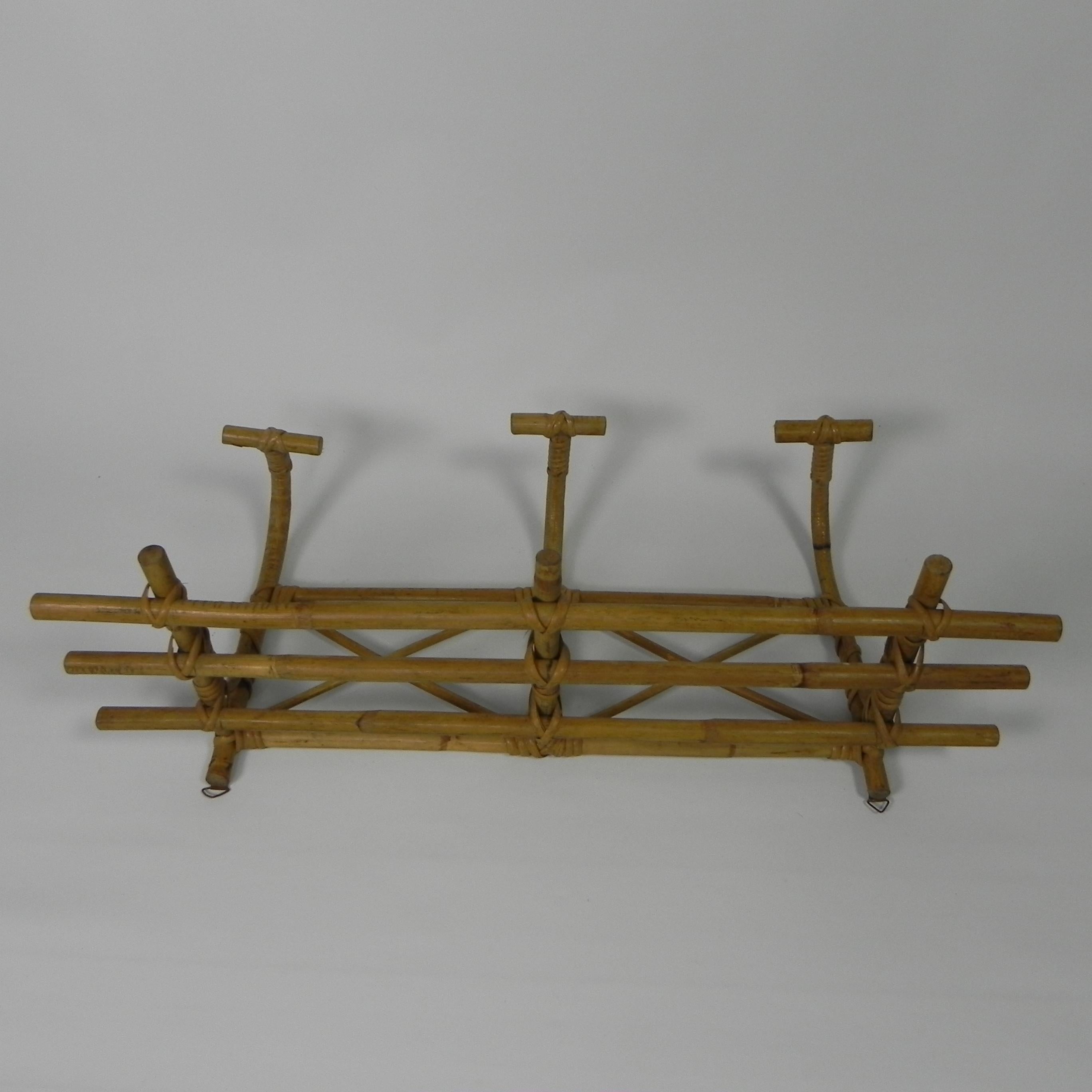 Vintage bamboo wall coat rack with 3 hooks, 1950s For Sale 2