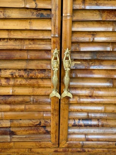 Vintage Bamboo Wall-Mounted Bar Cabinet With Accordion Doors & Mermaid Handles