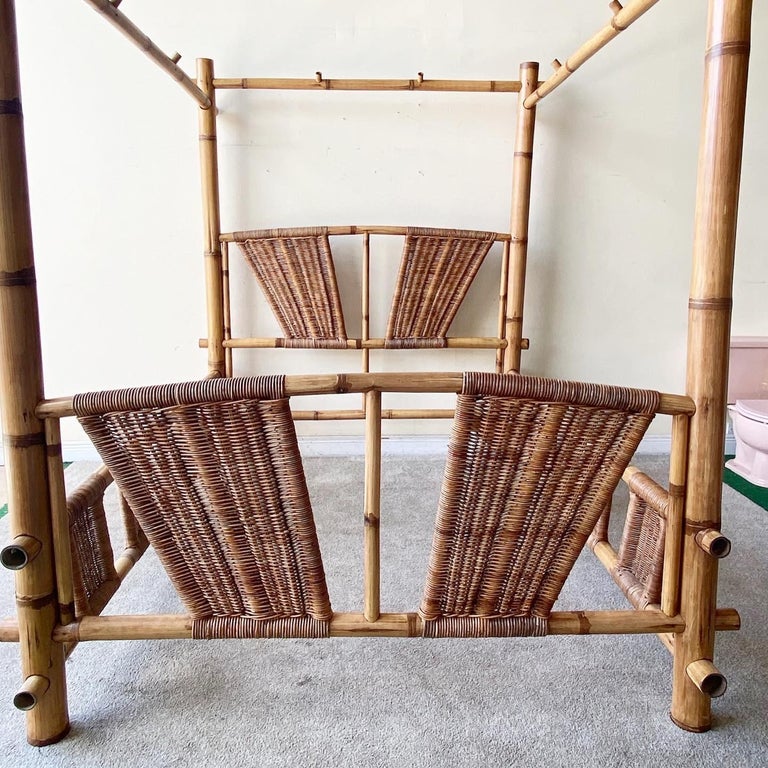 20th Century Vintage Bamboo & Wicker Canopy Queen Bed Frame