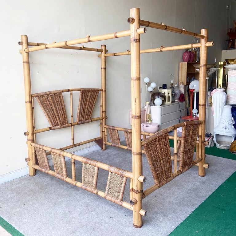 Vintage Bamboo & Wicker Canopy Queen Bed Frame 2