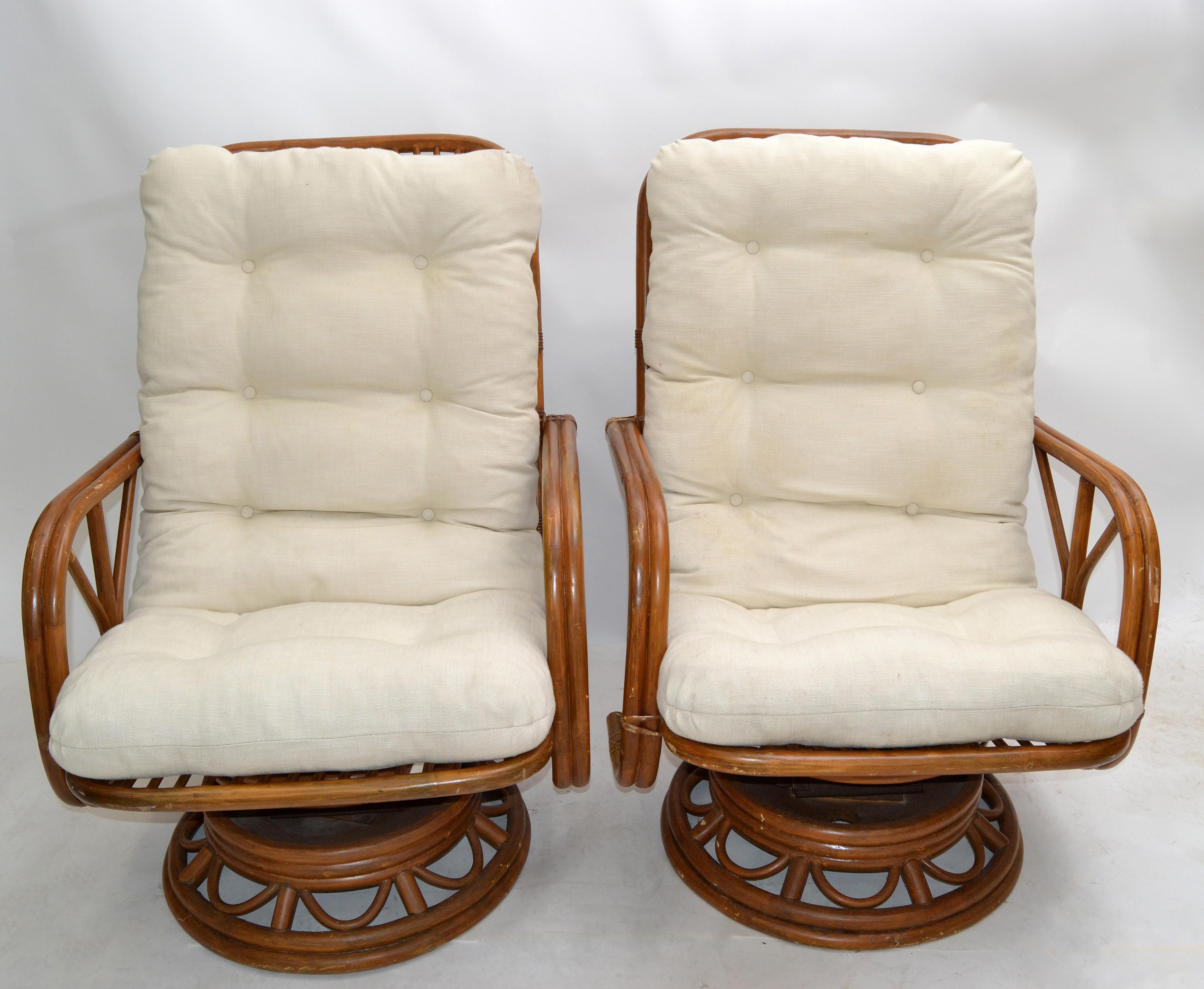 Vintage Bamboo & Wicker High Back Lounge Chair Beige Linen Upholstery, Pair For Sale 3