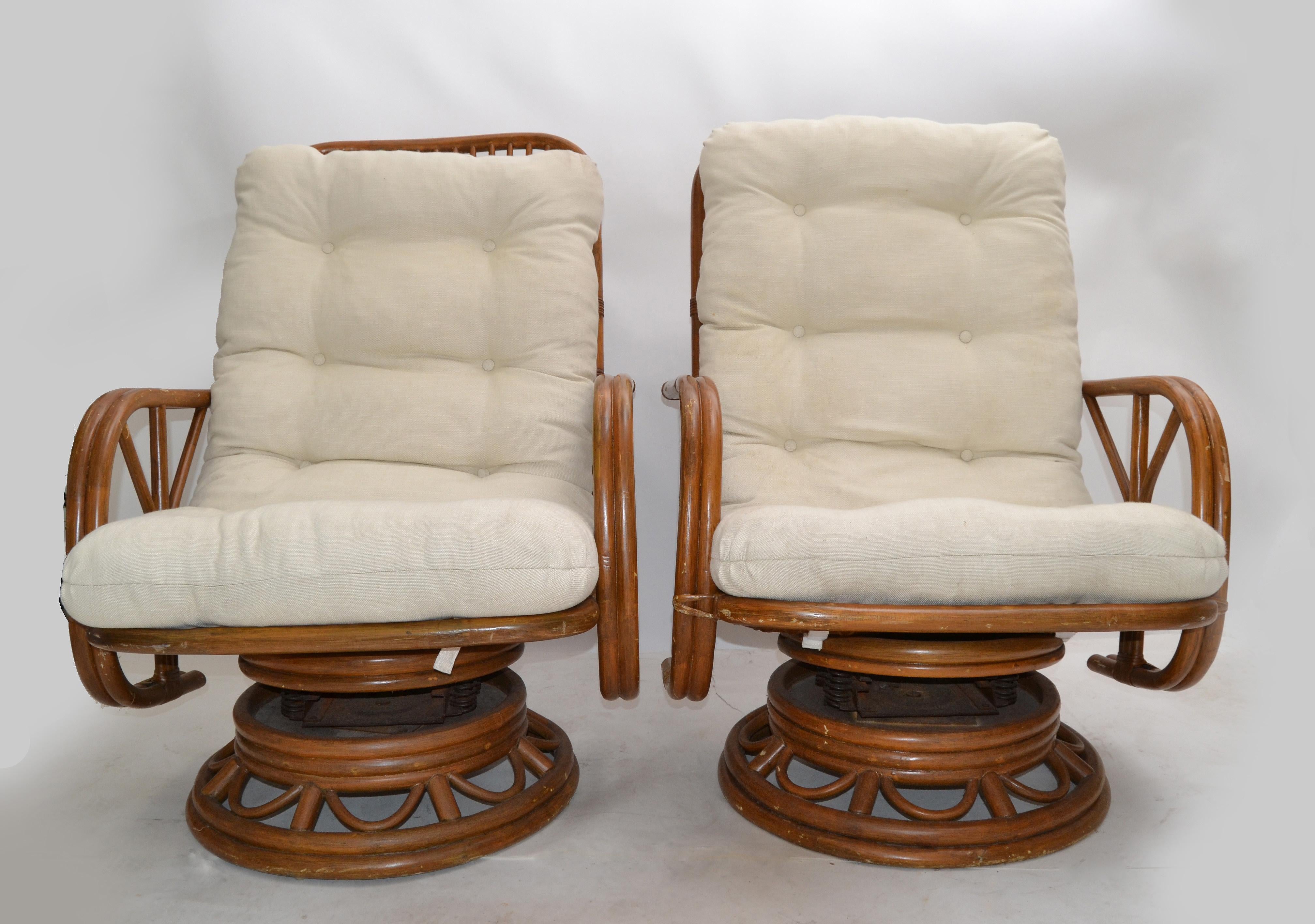 Mid-Century Modern Vintage Bamboo & Wicker High Back Lounge Chair Beige Linen Upholstery, Pair For Sale