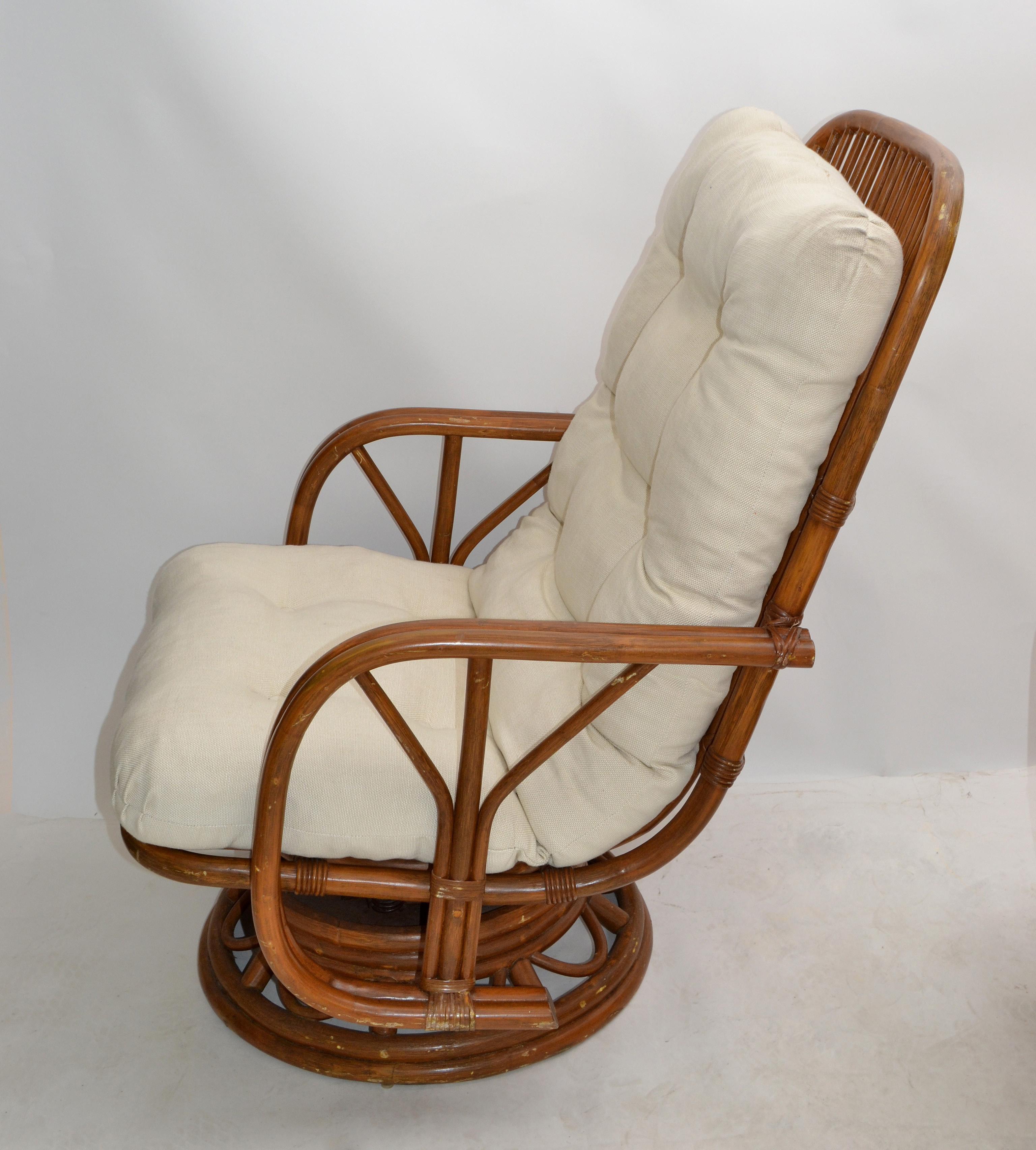 American Vintage Bamboo & Wicker High Back Lounge Chair Beige Linen Upholstery, Pair For Sale