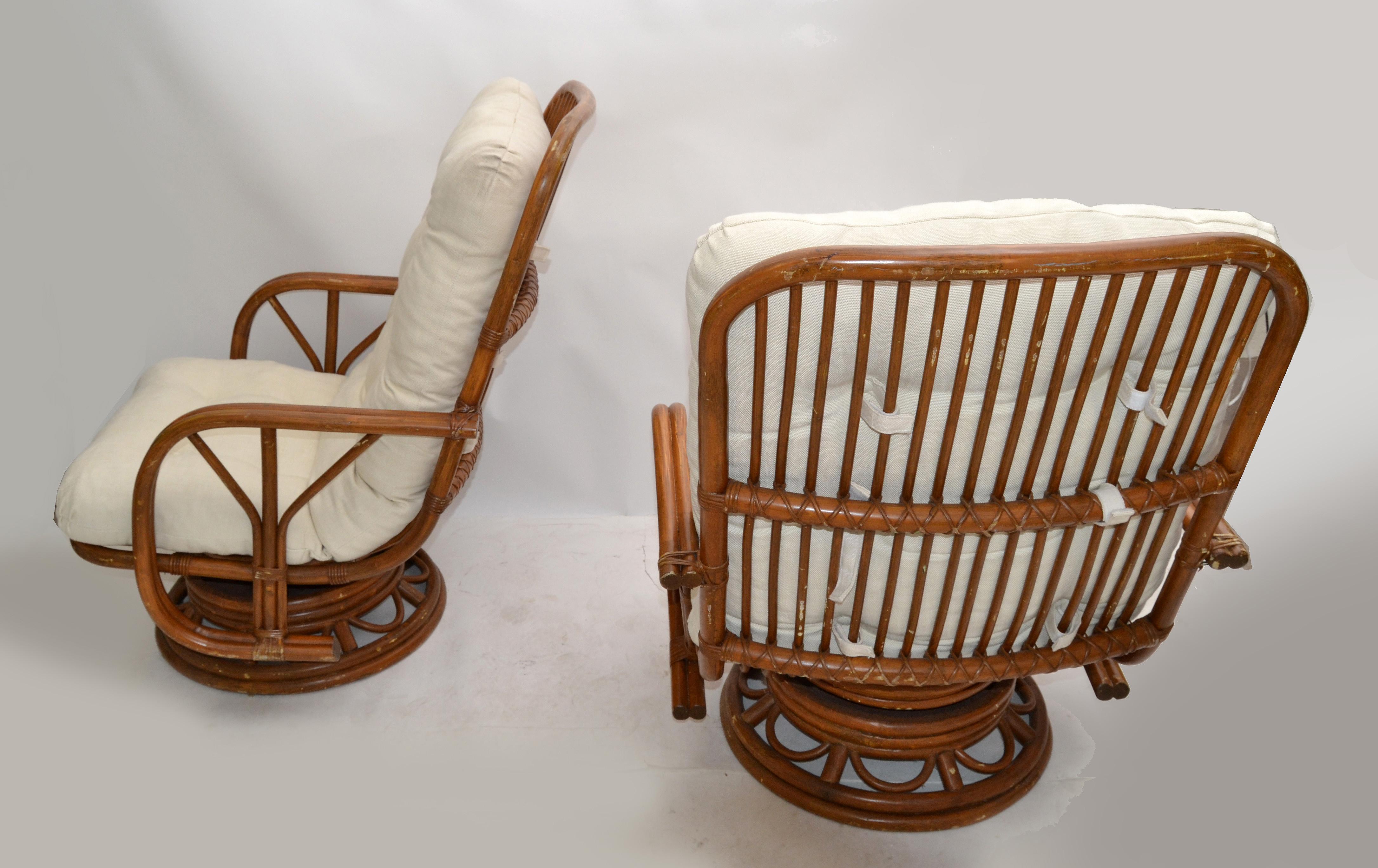 Hand-Crafted Vintage Bamboo & Wicker High Back Lounge Chair Beige Linen Upholstery, Pair For Sale