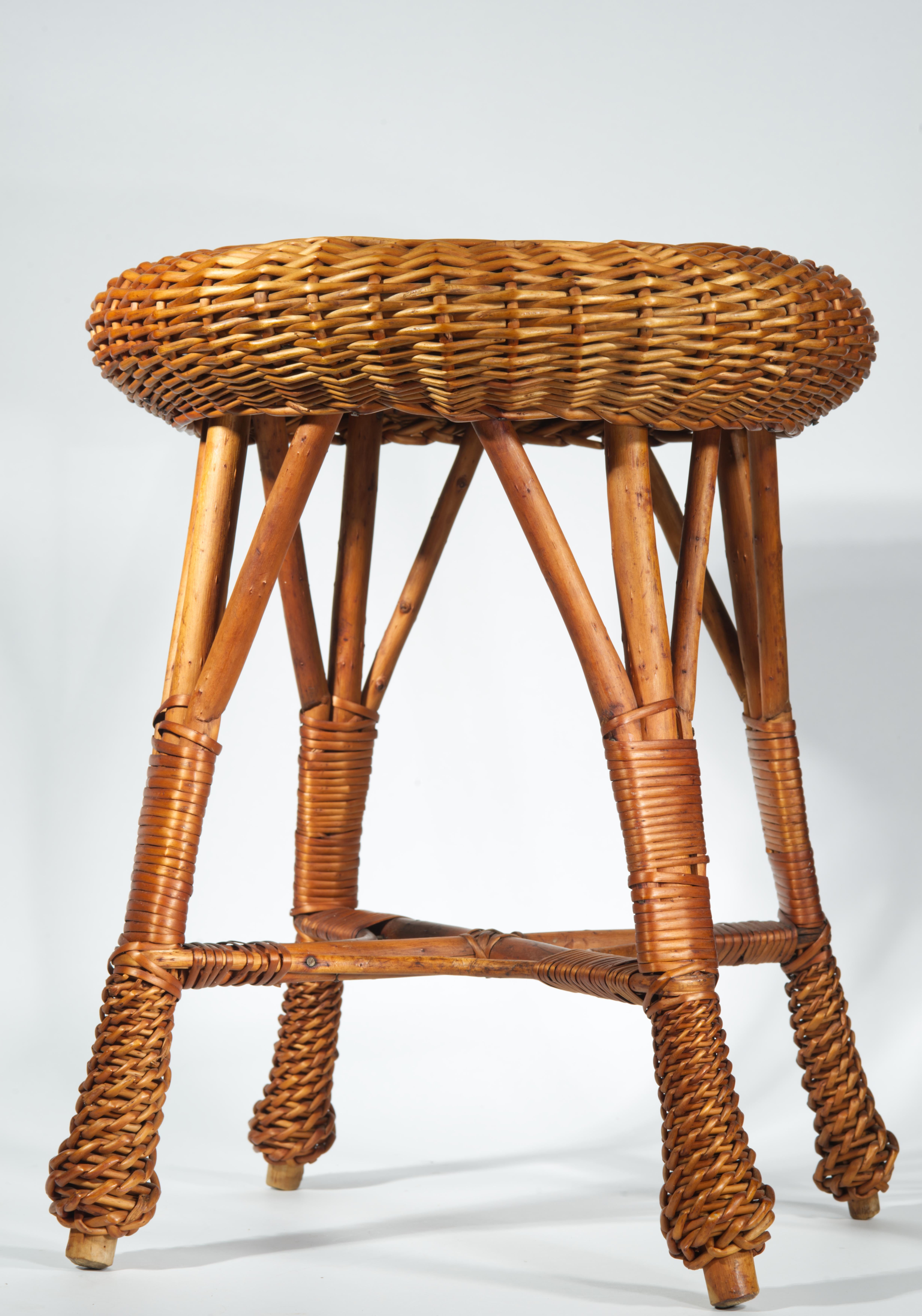 Vintage Bamboo Wicker Stool Occasional Drinks Side Table For Sale 5