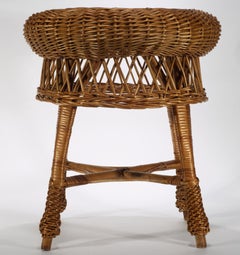 Vintage Bamboo Wicker Stool Occasional Drinks Side Table, Skirted