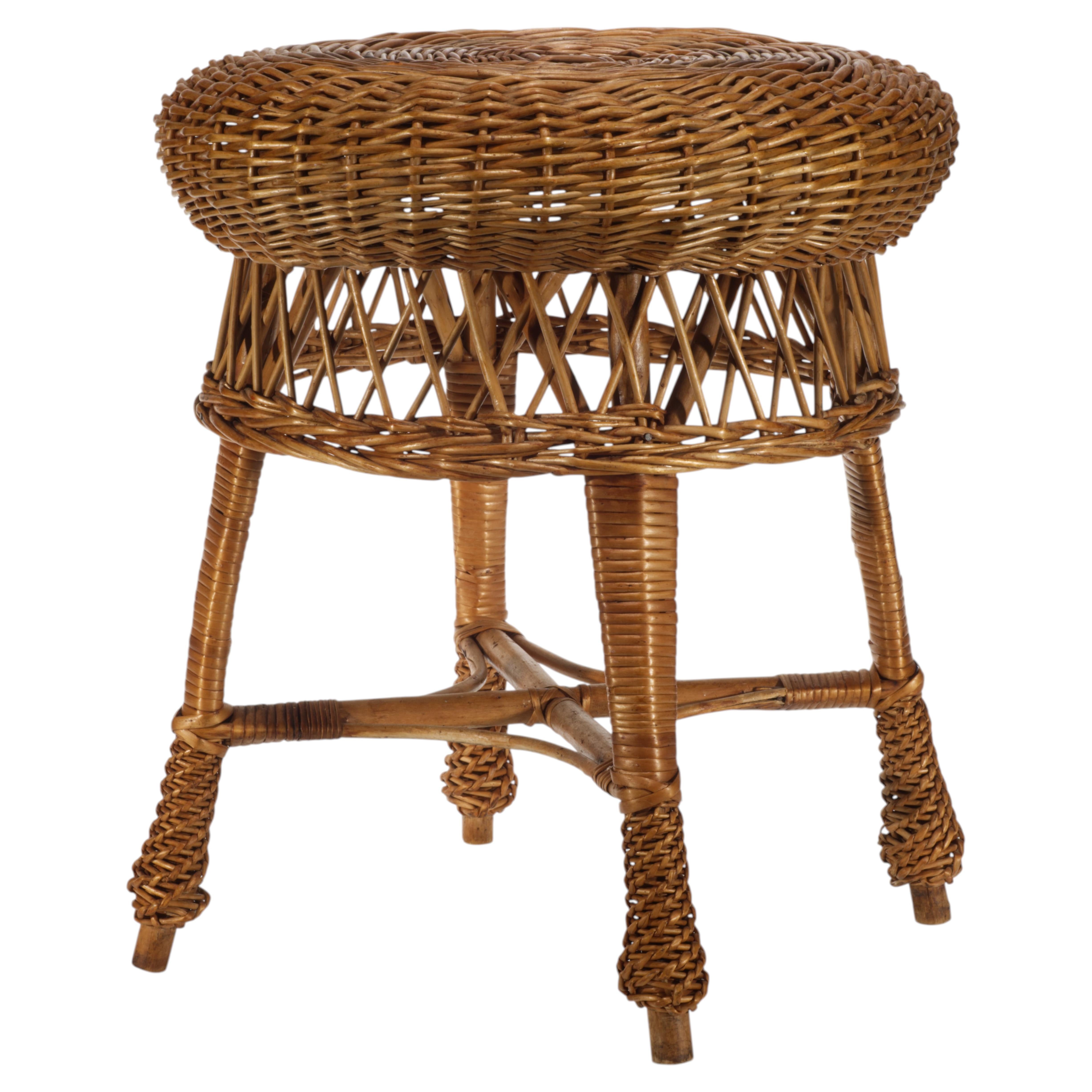 Vintage Bamboo Wicker Stool Occasional Drinks Side Table, Skirted