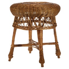 Vintage Bamboo Wicker Stool Occasional Drinks Side Table, Skirted
