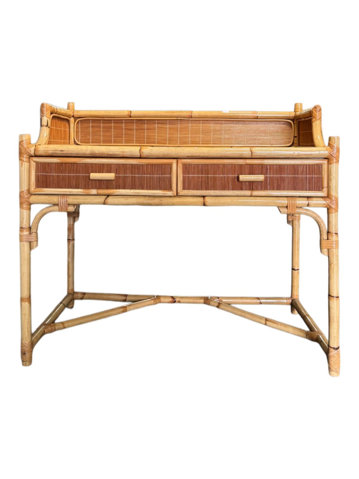 Vintage Bamboo and Rattan Writing Desk – Coastal Boho Mid-Century, 1970s 7
