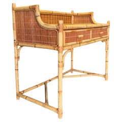 Vintage Bamboo and Rattan Writing Desk – Coastal Boho Mid-Century, 1970s