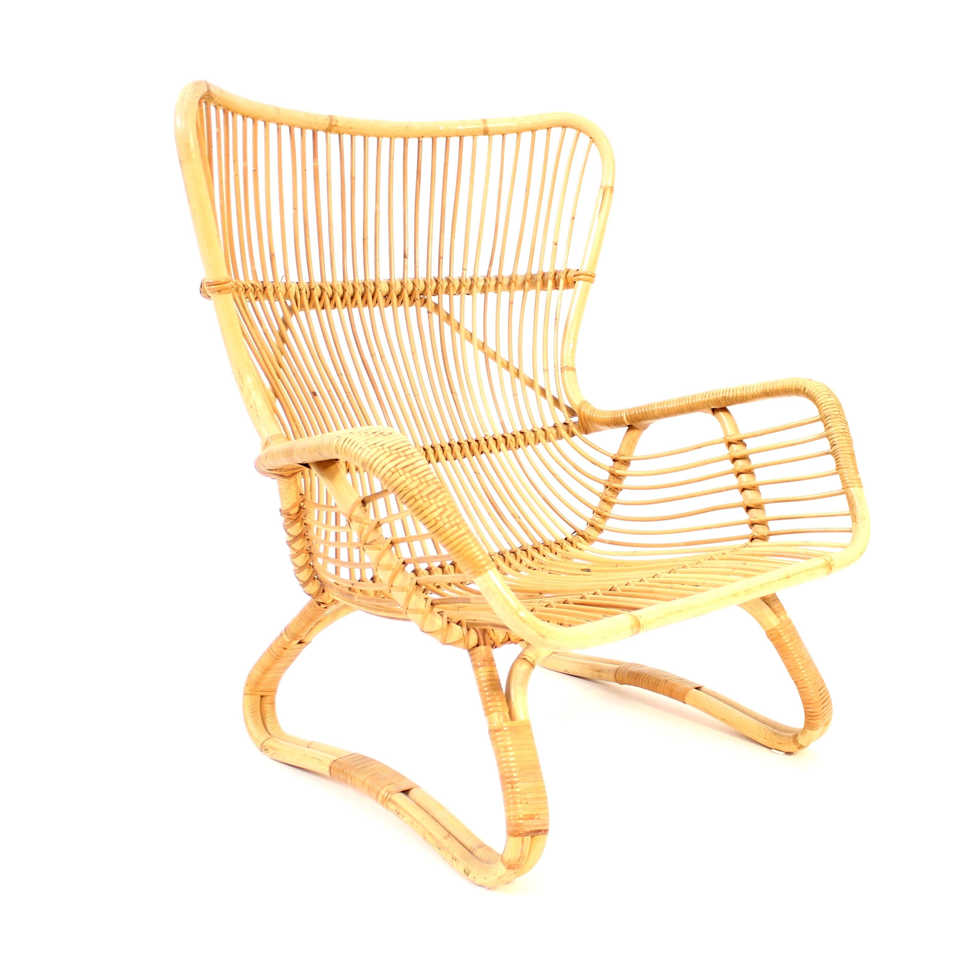 Vintage bambu & rattan lounge chair, 1950s In Good Condition In Uppsala, SE