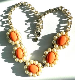 Vintage Banana Republic peach coral cabochon and pearl statement necklace