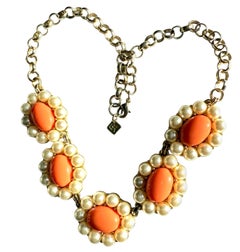Vintage Banana Republic peach coral cabochon and pearl statement necklace