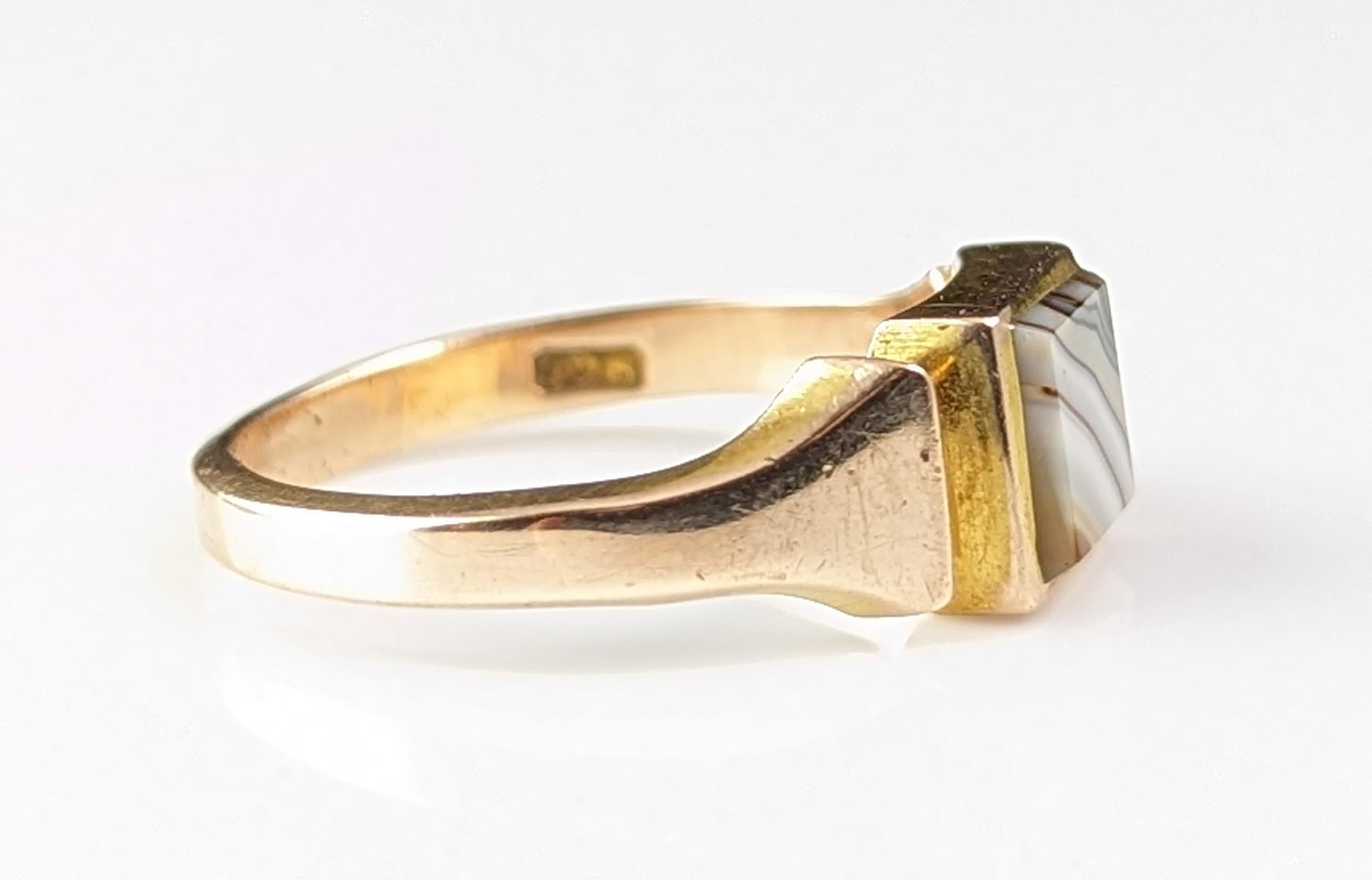 Vintage Banded Agate signet ring, 9k gold, Art Deco  6