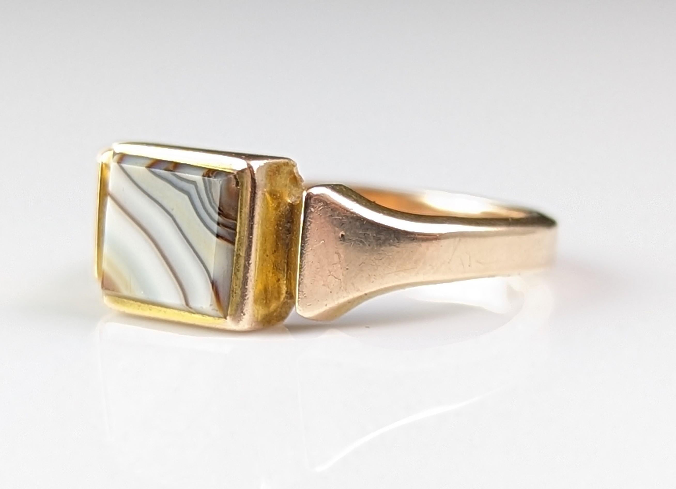Vintage Banded Agate signet ring, 9k gold, Art Deco  1
