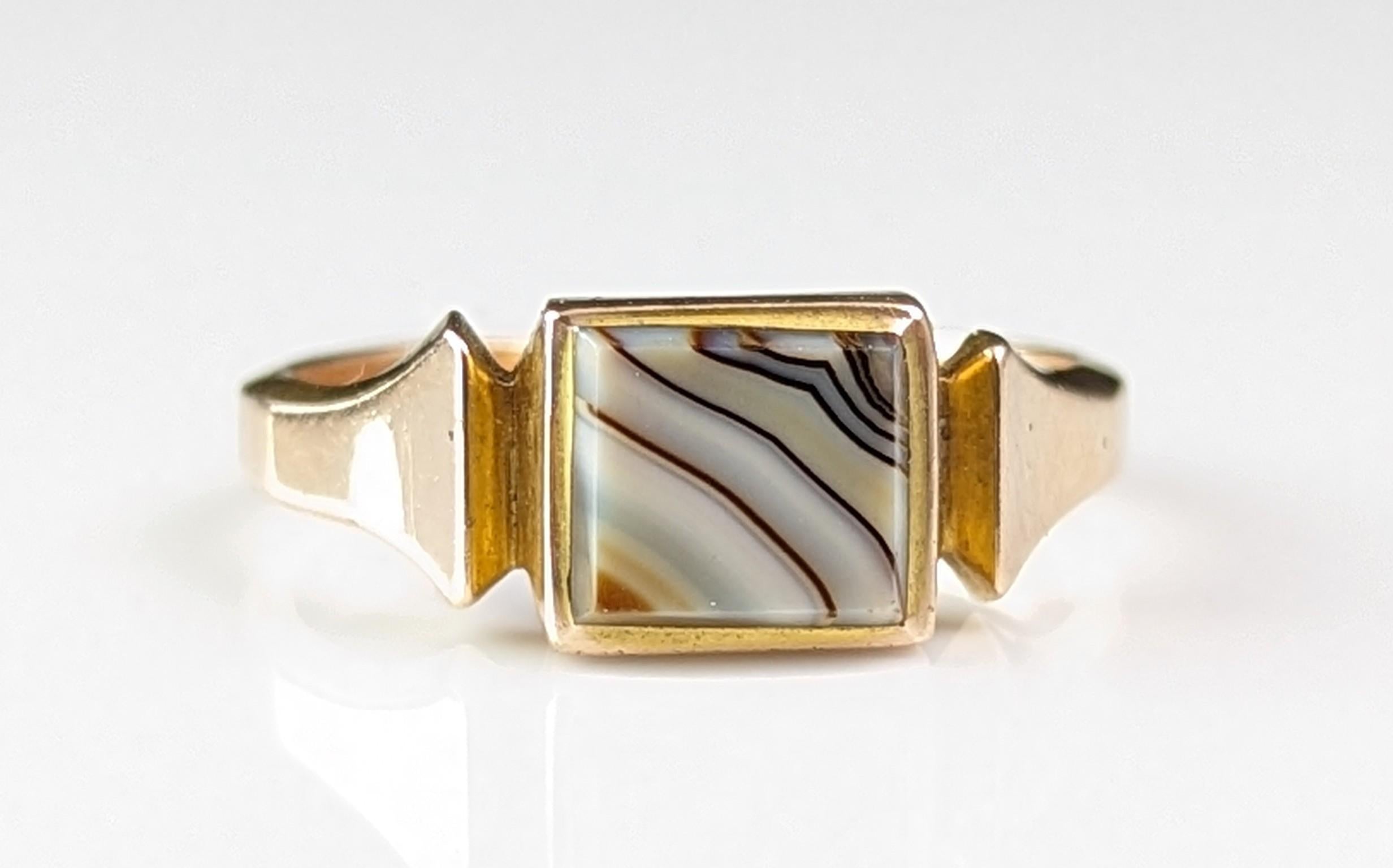 Vintage Banded Agate signet ring, 9k gold, Art Deco  2
