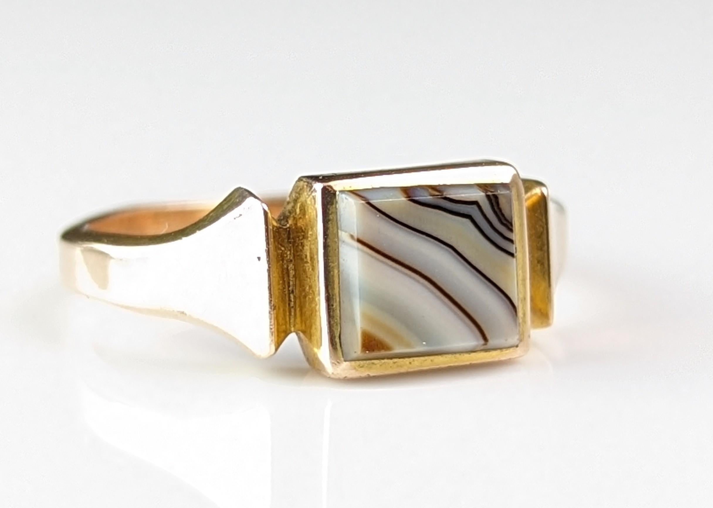 Vintage Banded Agate signet ring, 9k gold, Art Deco  3