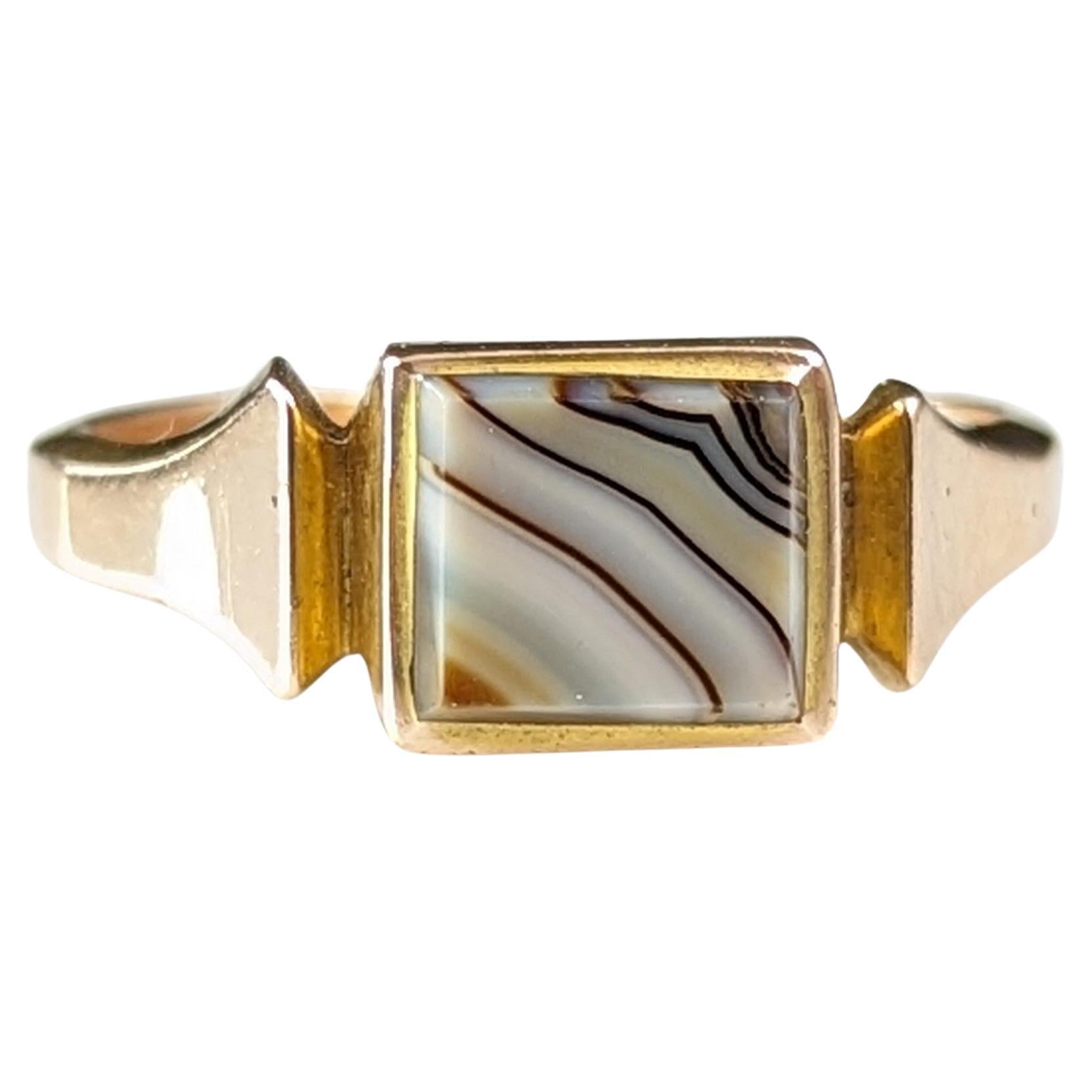 Vintage Banded Agate signet ring, 9k gold, Art Deco 
