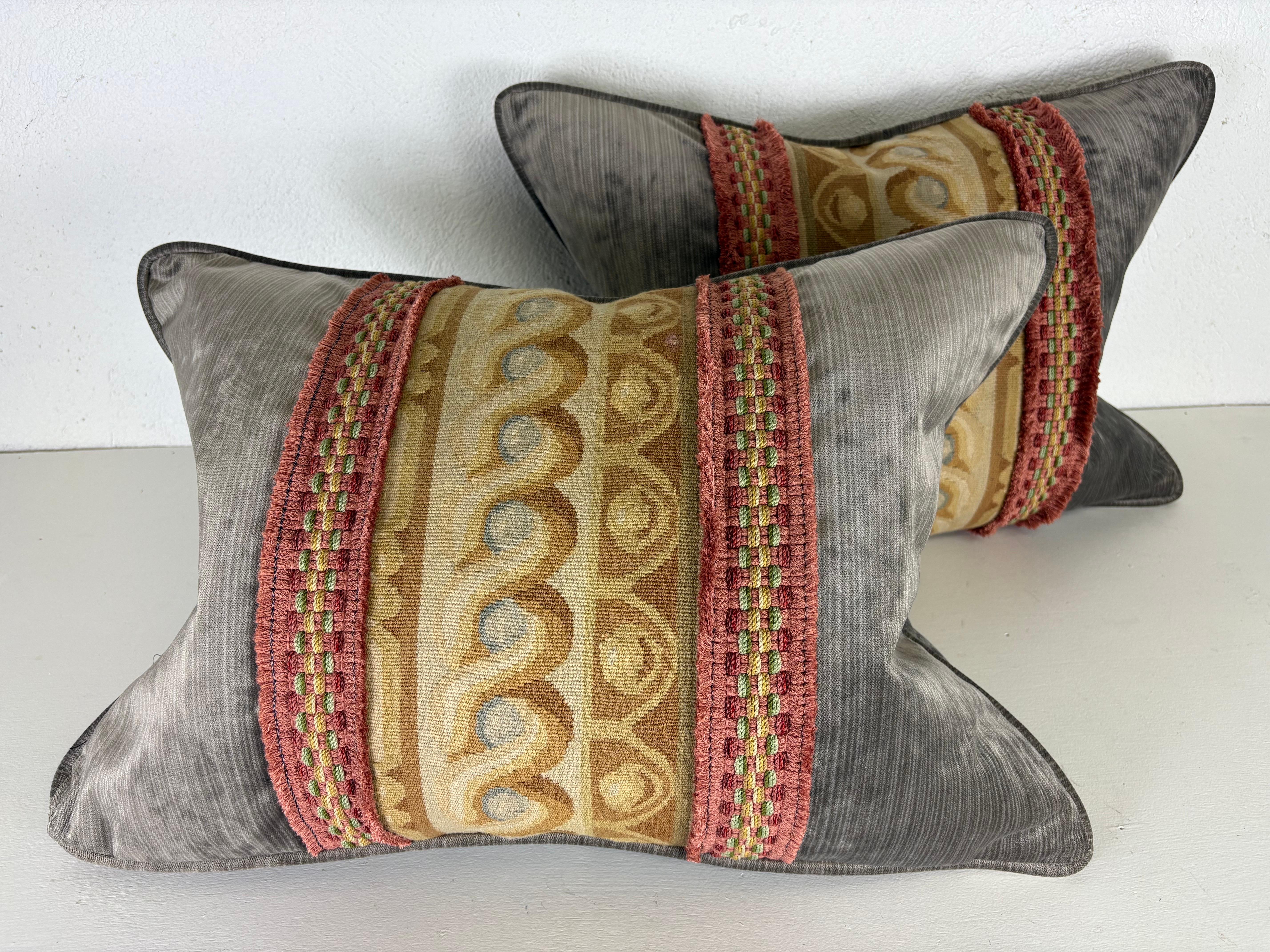 Contemporary Vintage banded Aubusson tapestry pillows / a pair For Sale