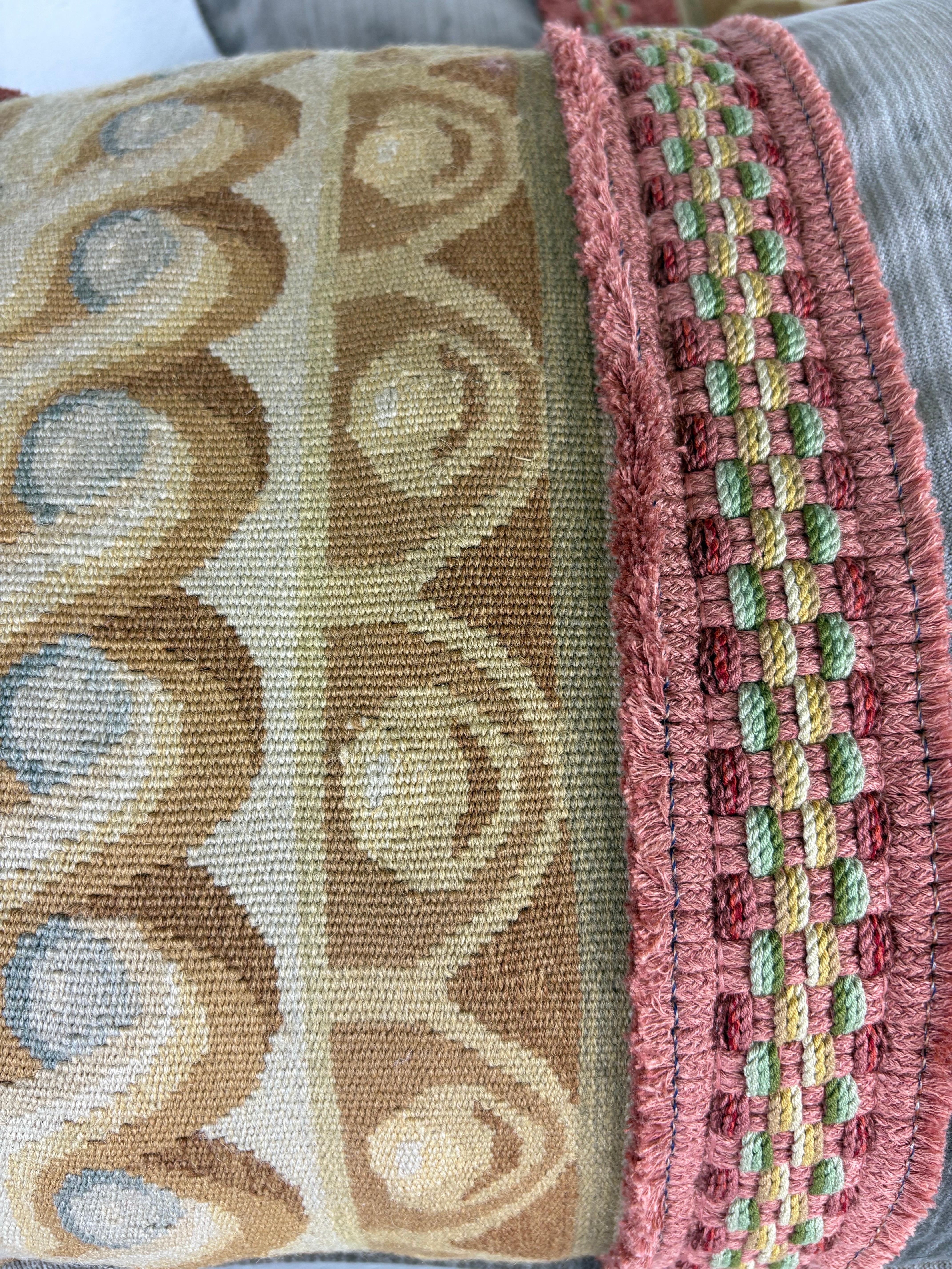 Tapestry Vintage banded Aubusson tapestry pillows / a pair For Sale
