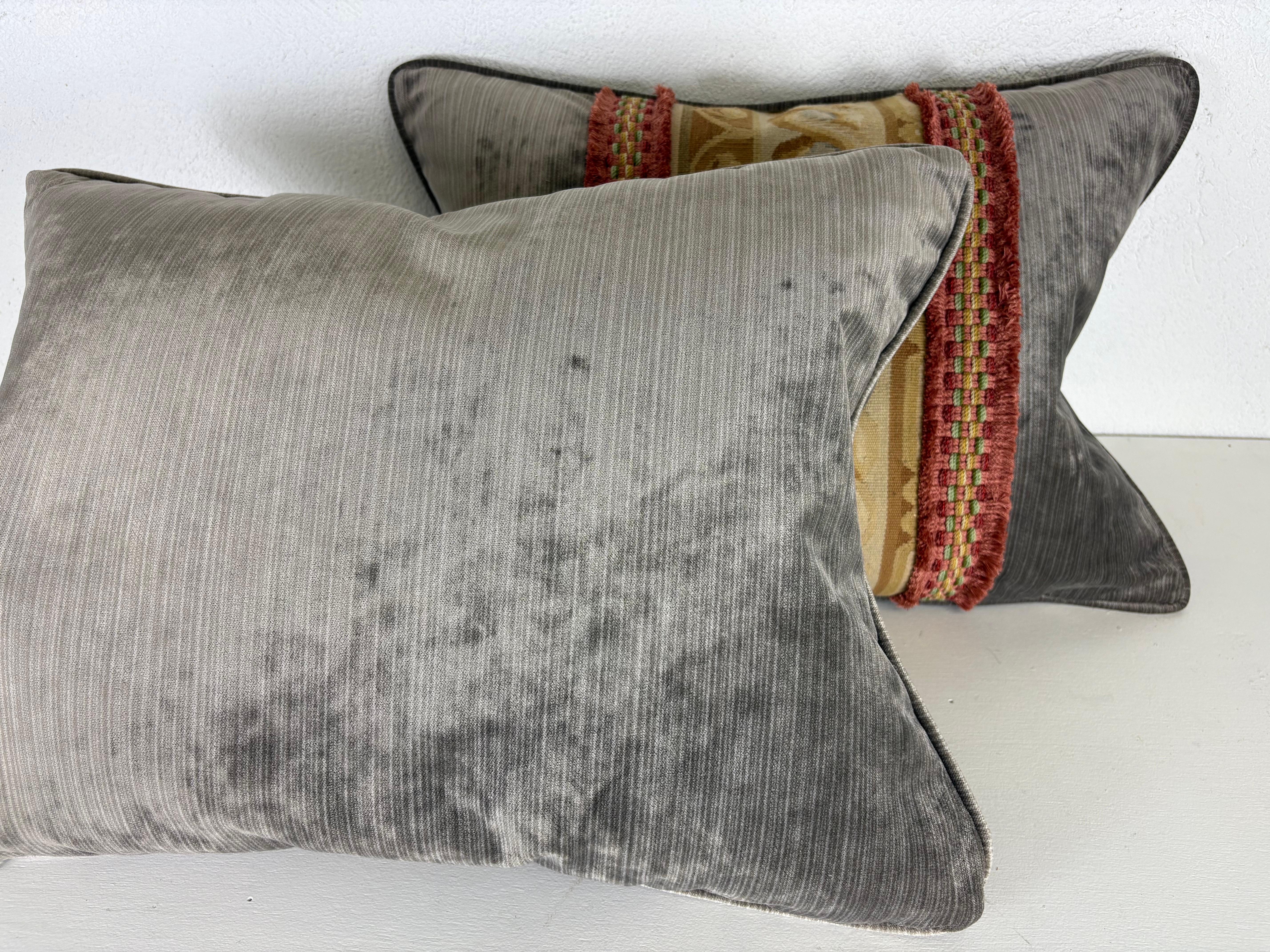 Vintage banded Aubusson tapestry pillows / a pair For Sale 1