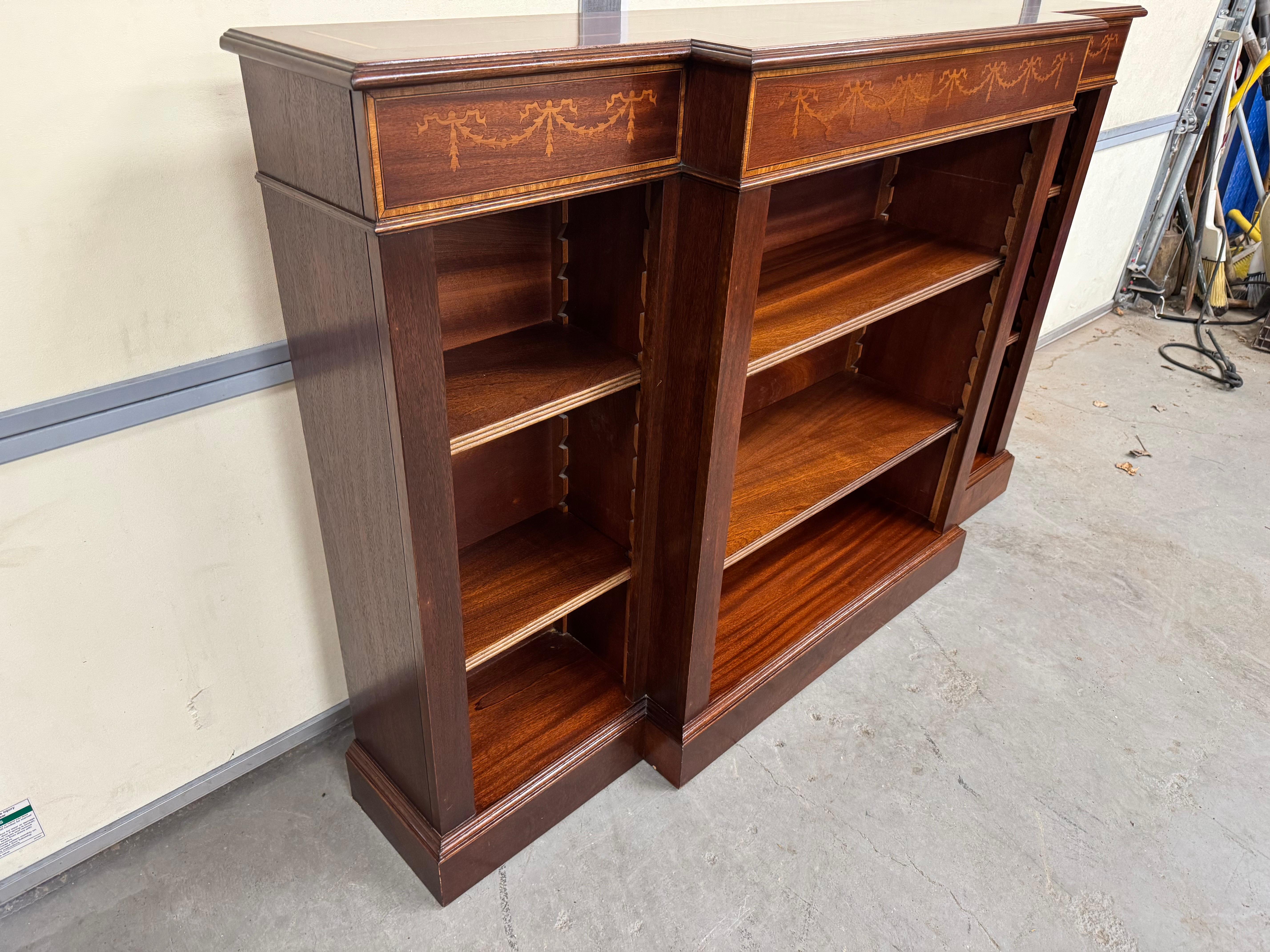 Country Vintage Banded Mahogany Sheridan  Style Triple Shelf Open Bookcase