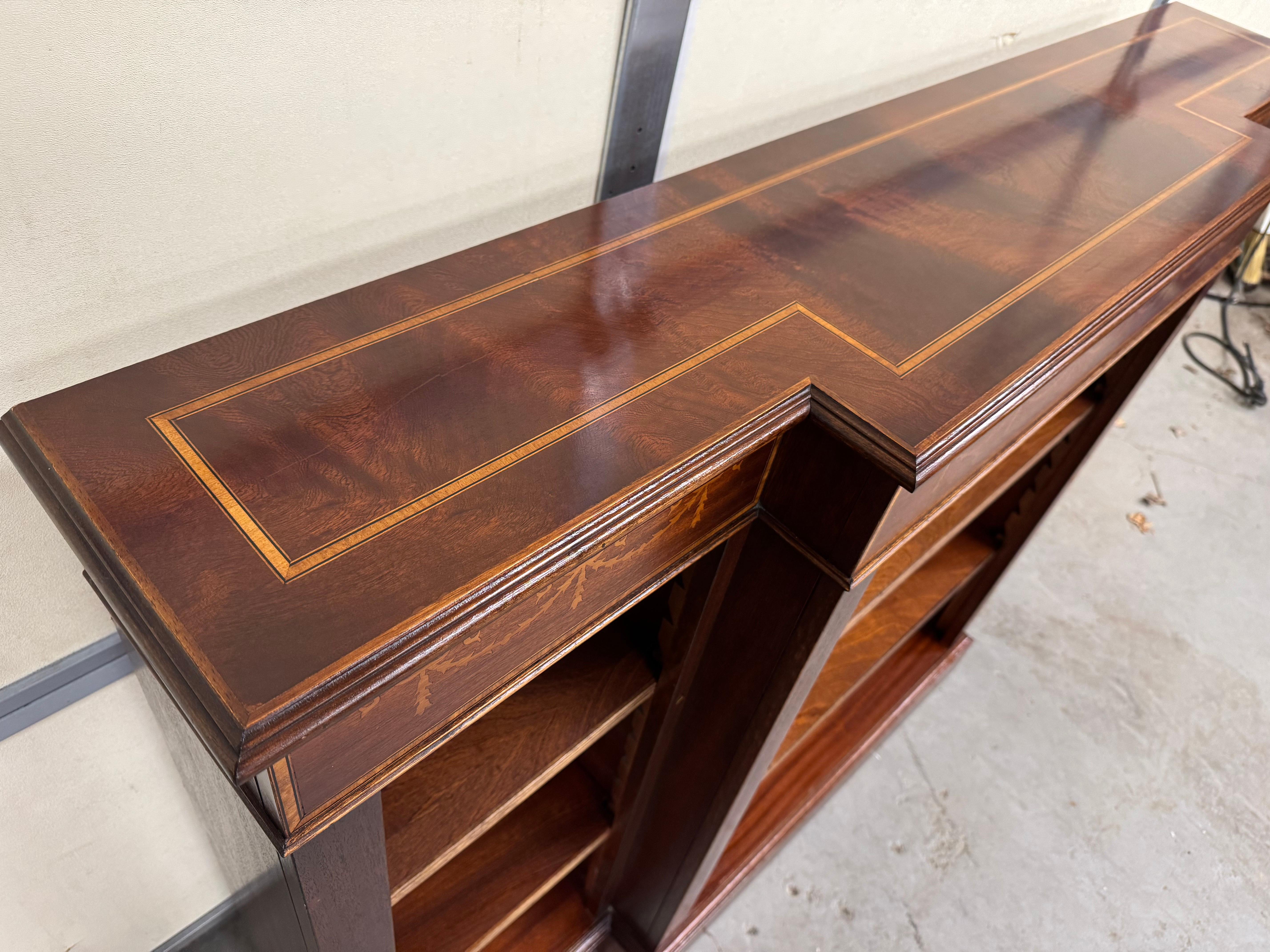 American Vintage Banded Mahogany Sheridan  Style Triple Shelf Open Bookcase