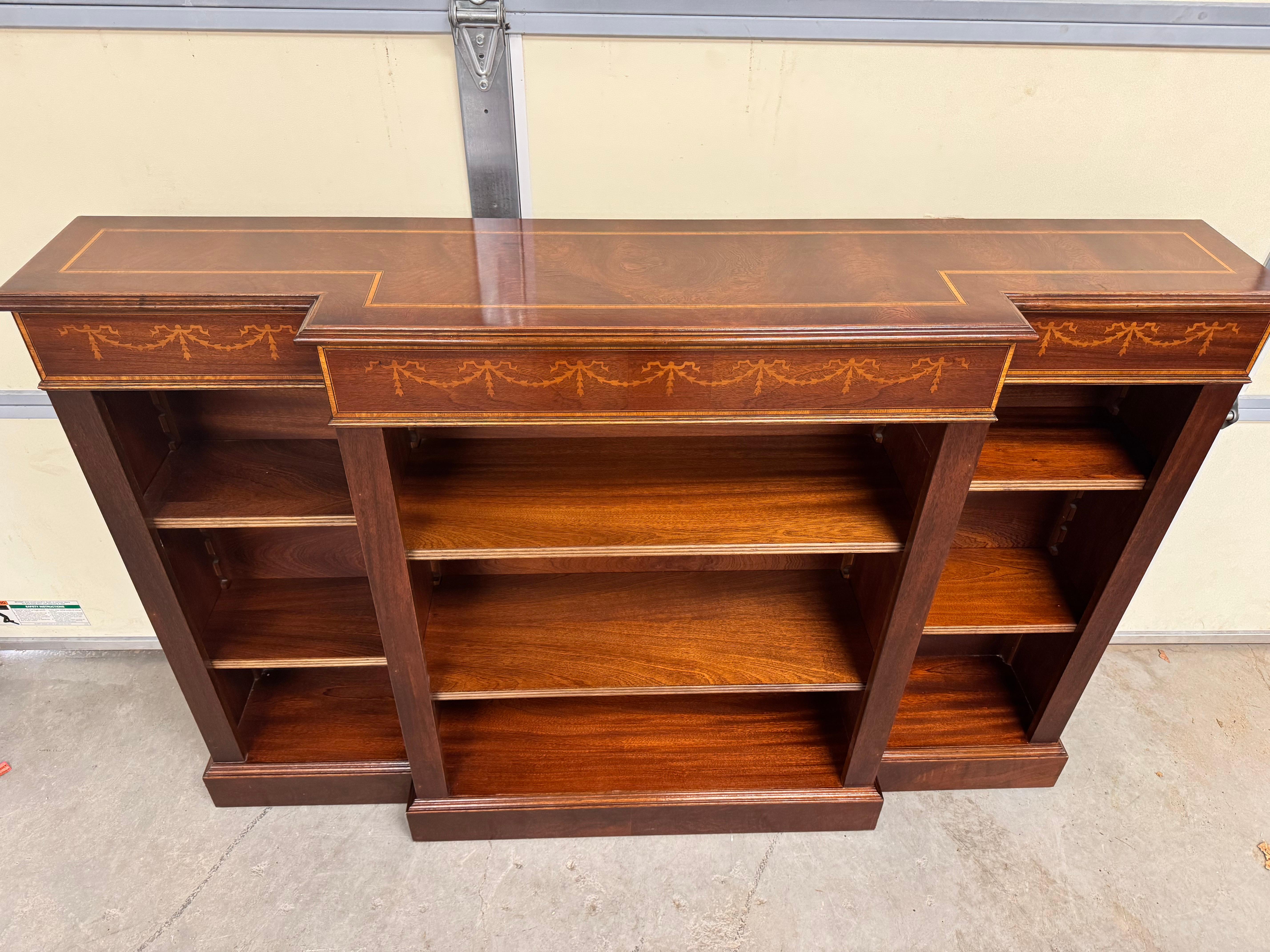 Vintage Banded Mahogany Sheridan  Style Triple Shelf Open Bookcase In Good Condition In Wilmington, DE