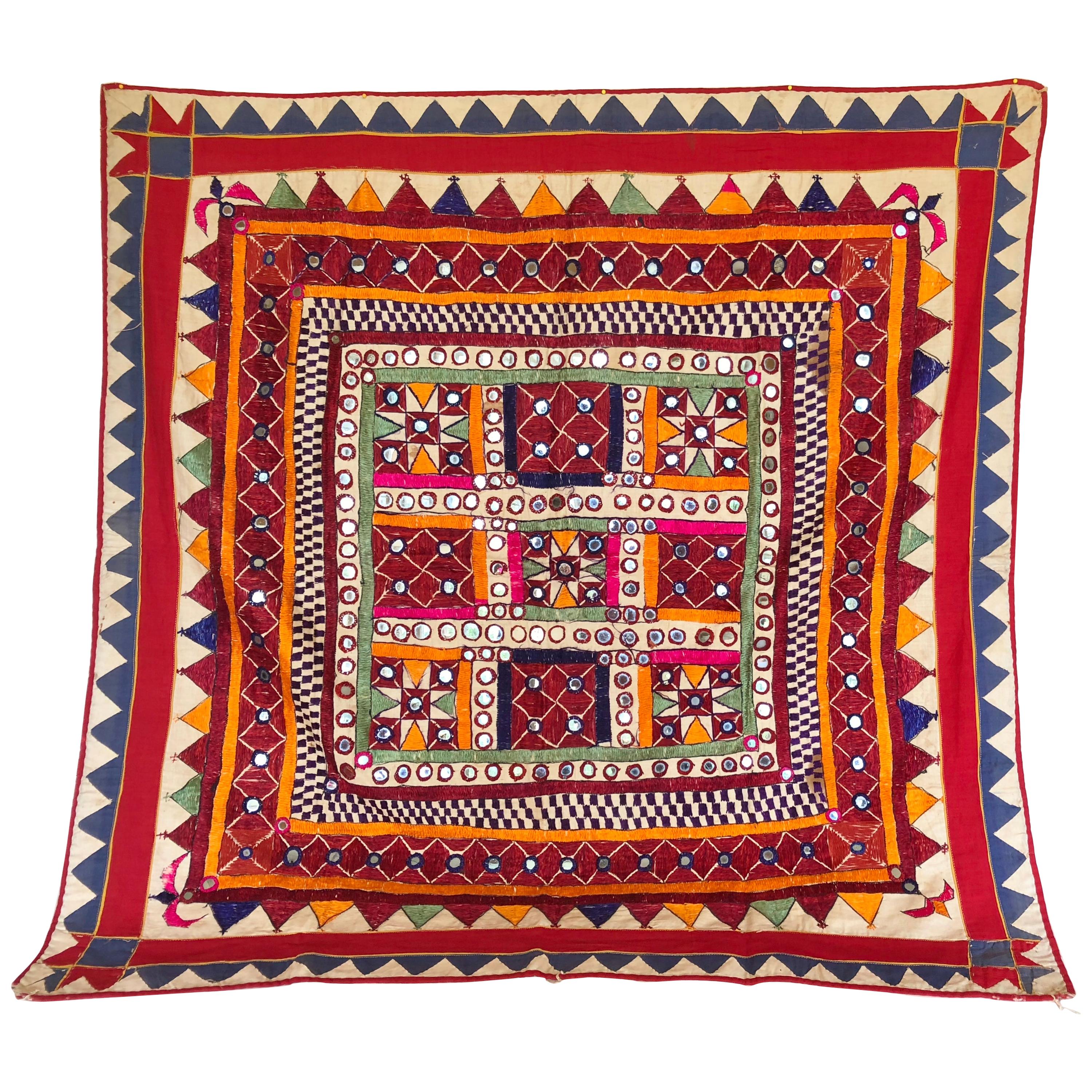 Vintage Banjara Tribal Embroidered Chaakla Wall Hanging, India For Sale