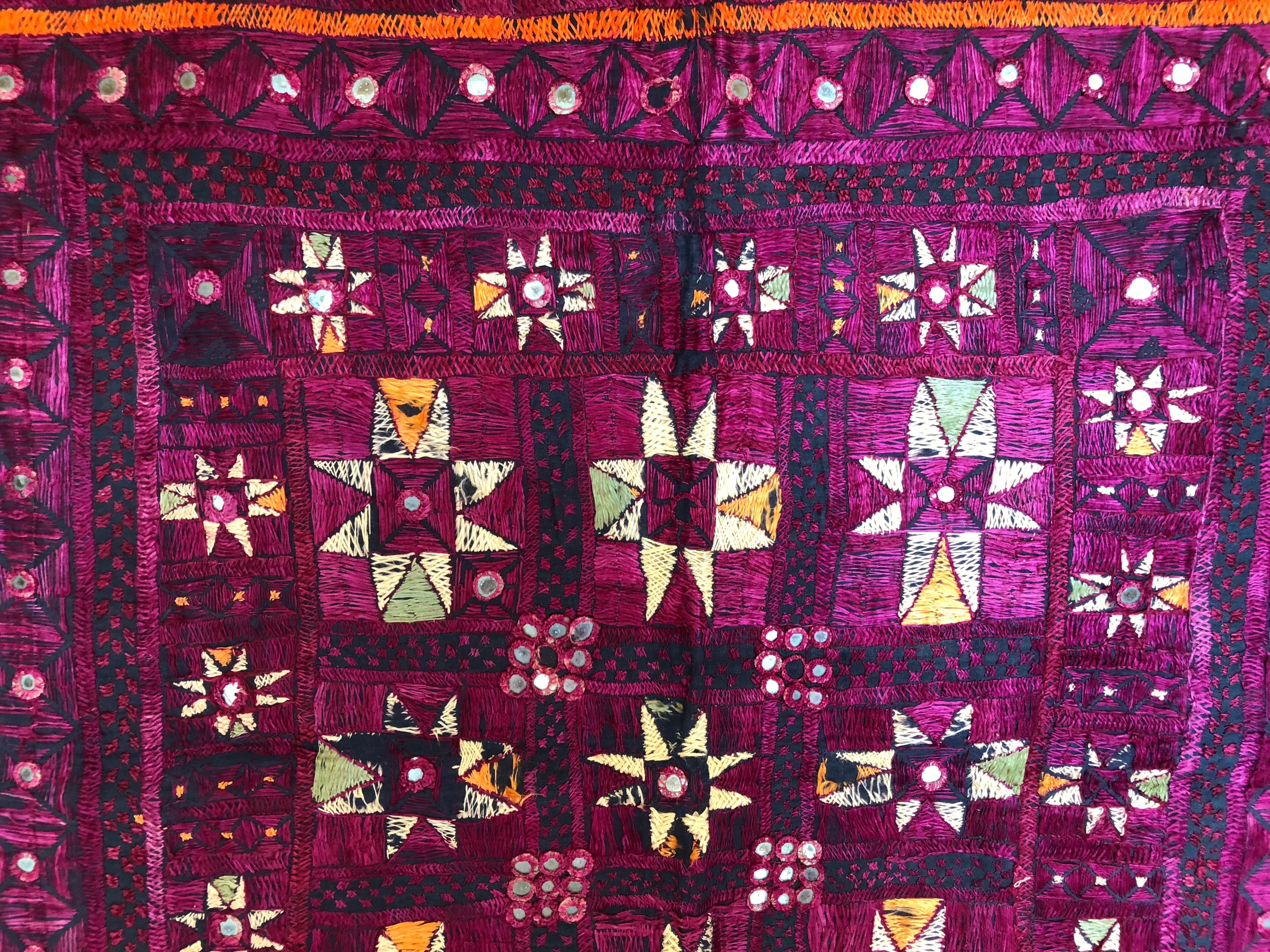 Indian Vintage Banjara Tribal Embroidered Chaakla with Mirrors, Wall Hanging For Sale
