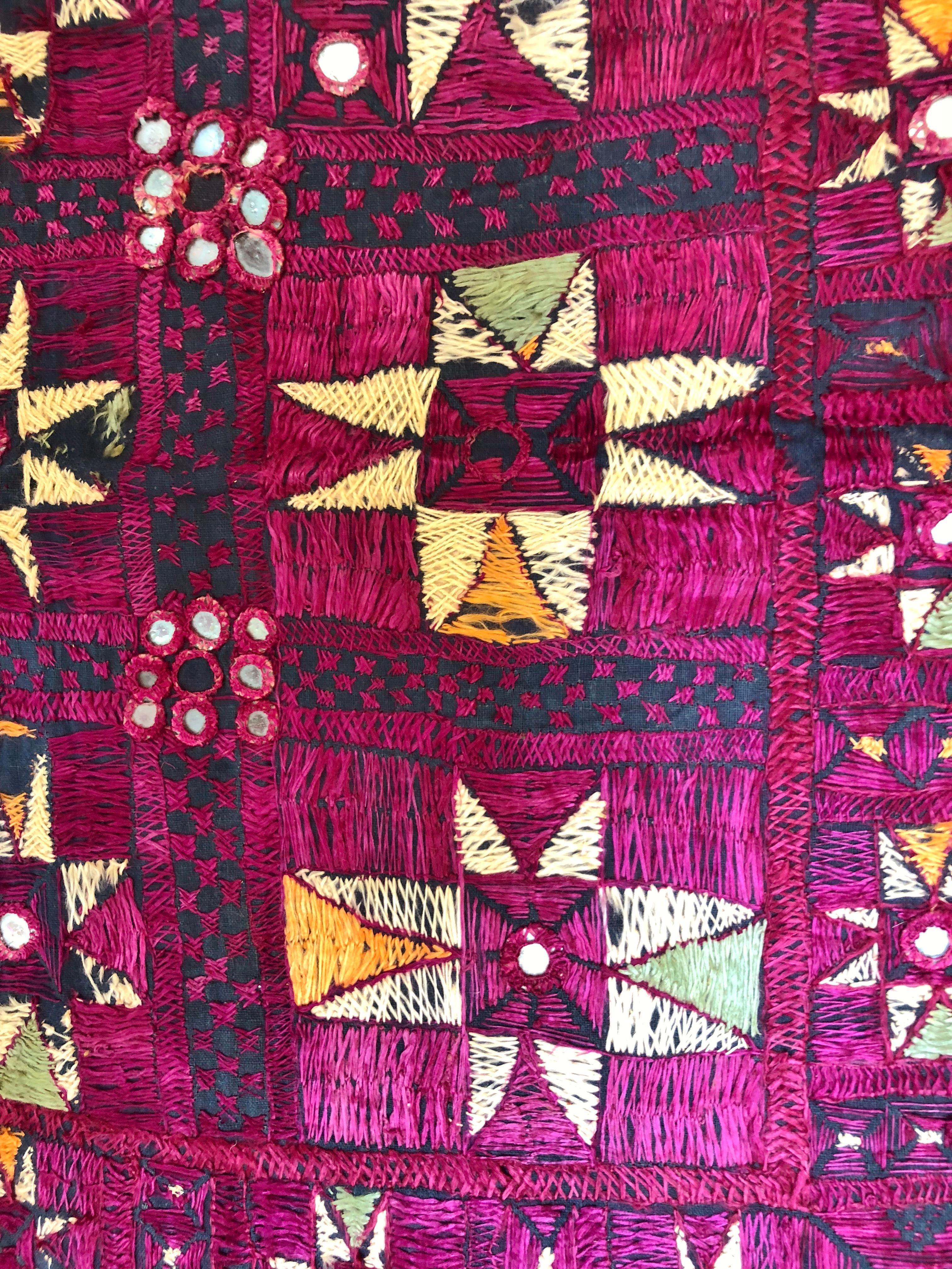 Vintage Banjara Tribal Embroidered Chaakla with Mirrors, Wall Hanging In Good Condition For Sale In Glen Ellyn, IL