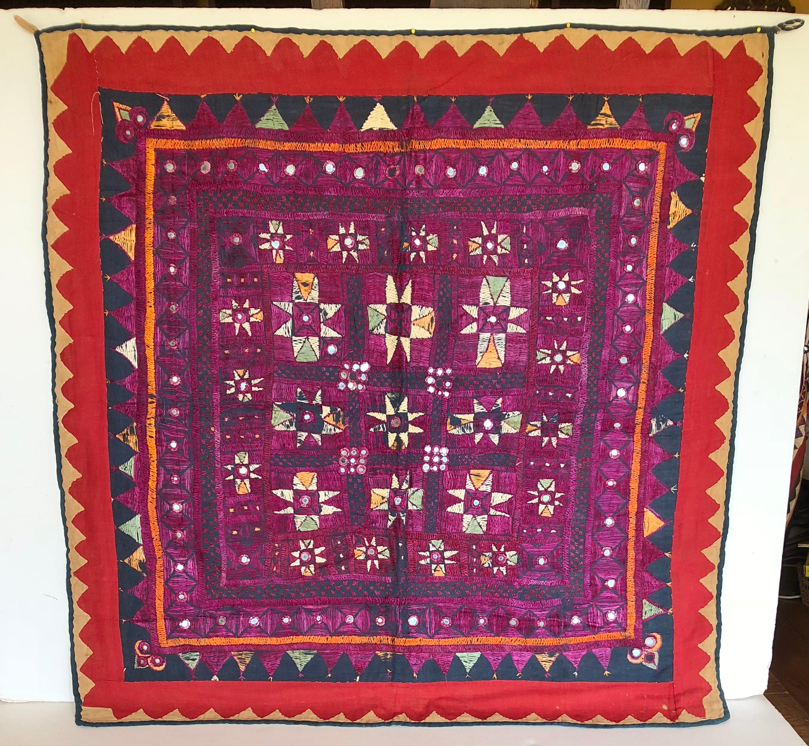 Vintage Banjara Tribal Embroidered Chaakla with Mirrors, Wall Hanging For Sale 2