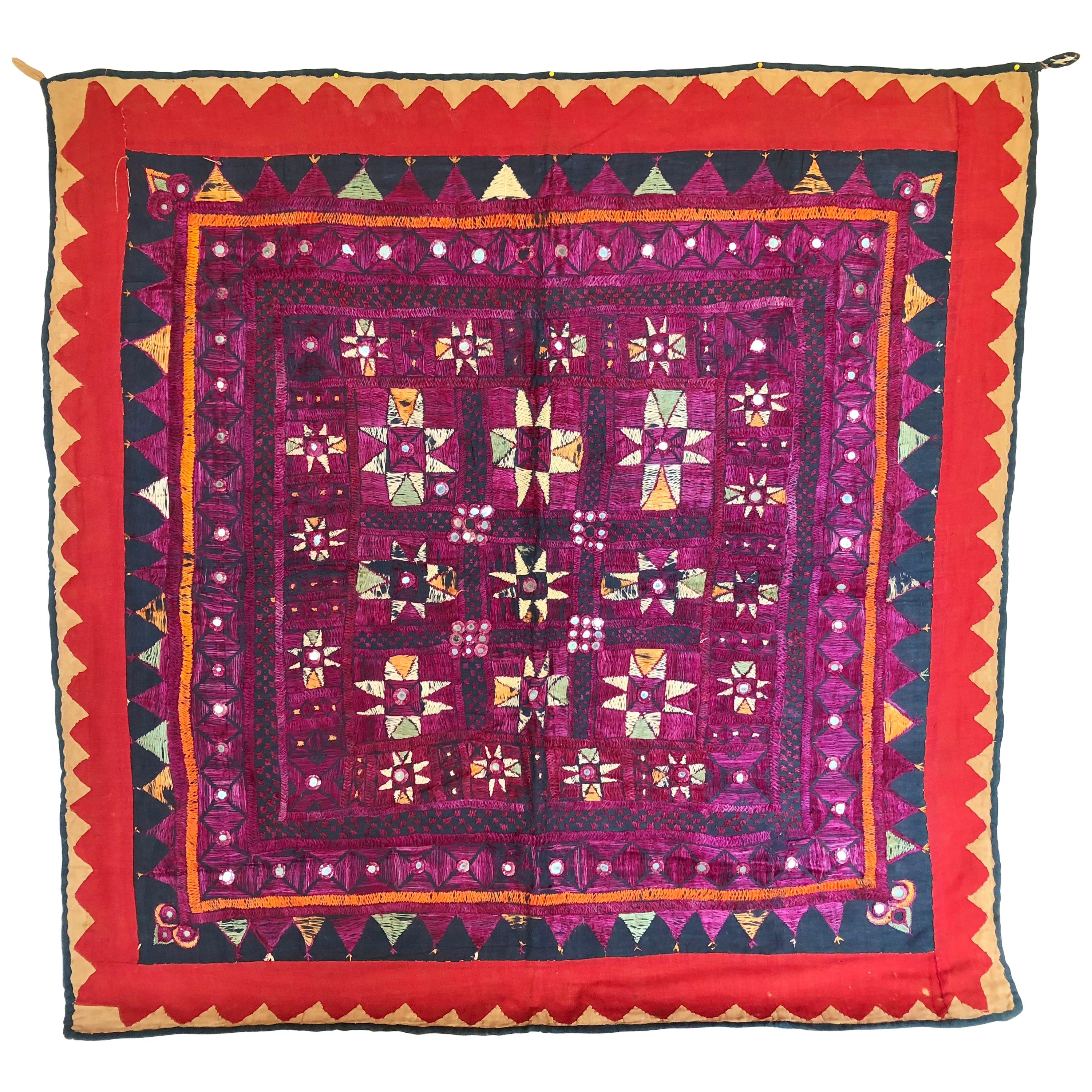 Vintage Banjara Tribal Embroidered Chaakla with Mirrors, Wall Hanging For Sale