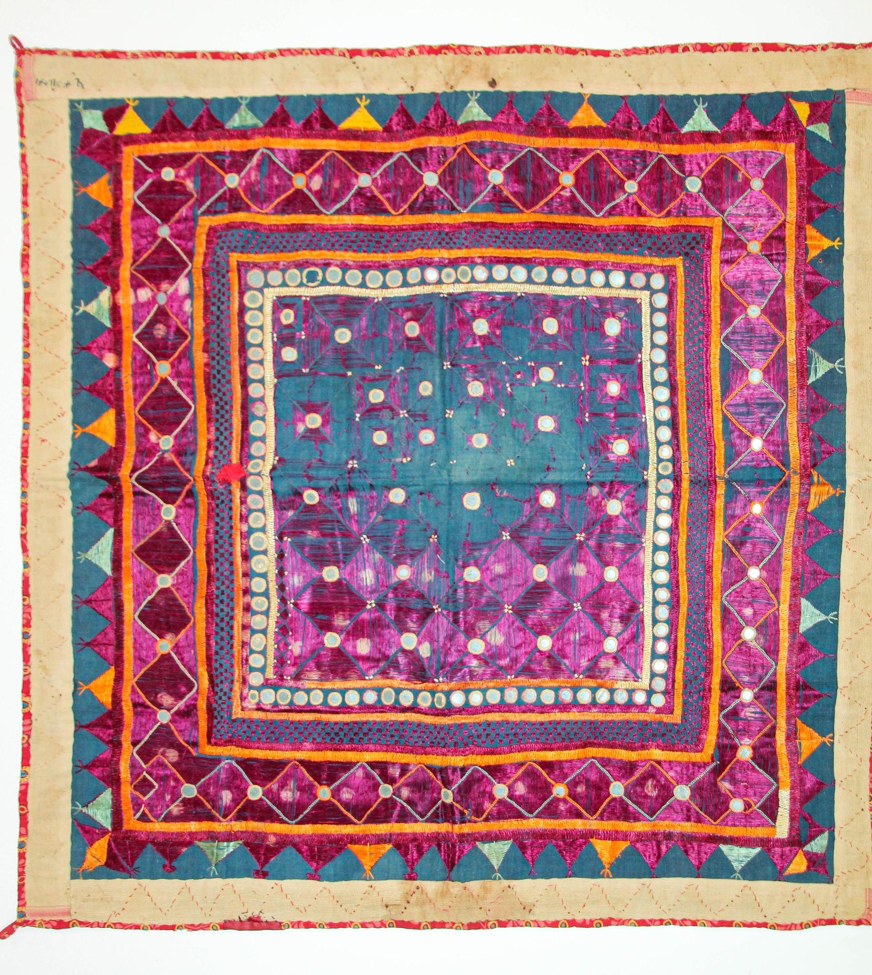 A beautiful vintage Indian textile from Gujarat.
India – Gujarat floss silk embroidery Chalka folk art textile, vintage wall hanging.
Antique Banjara Embroidered Chaakla textile with Mirrors, Wall Hanging, India.
Banjara tribal Chaakla textile wall