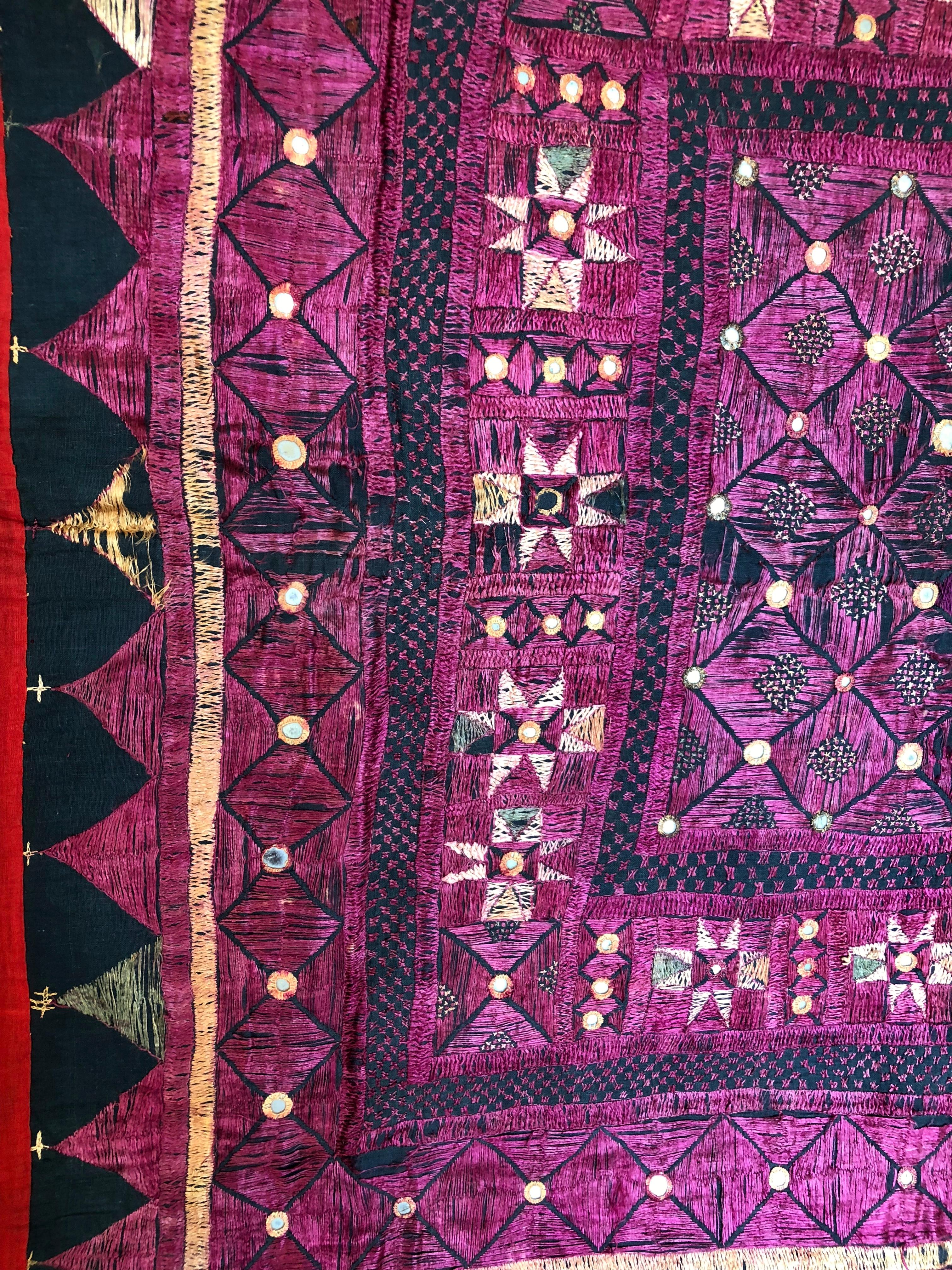 Vintage Banjara Tribal Embroidered Chaakla with Mirrors, Wall Hanging, India In Good Condition For Sale In Glen Ellyn, IL