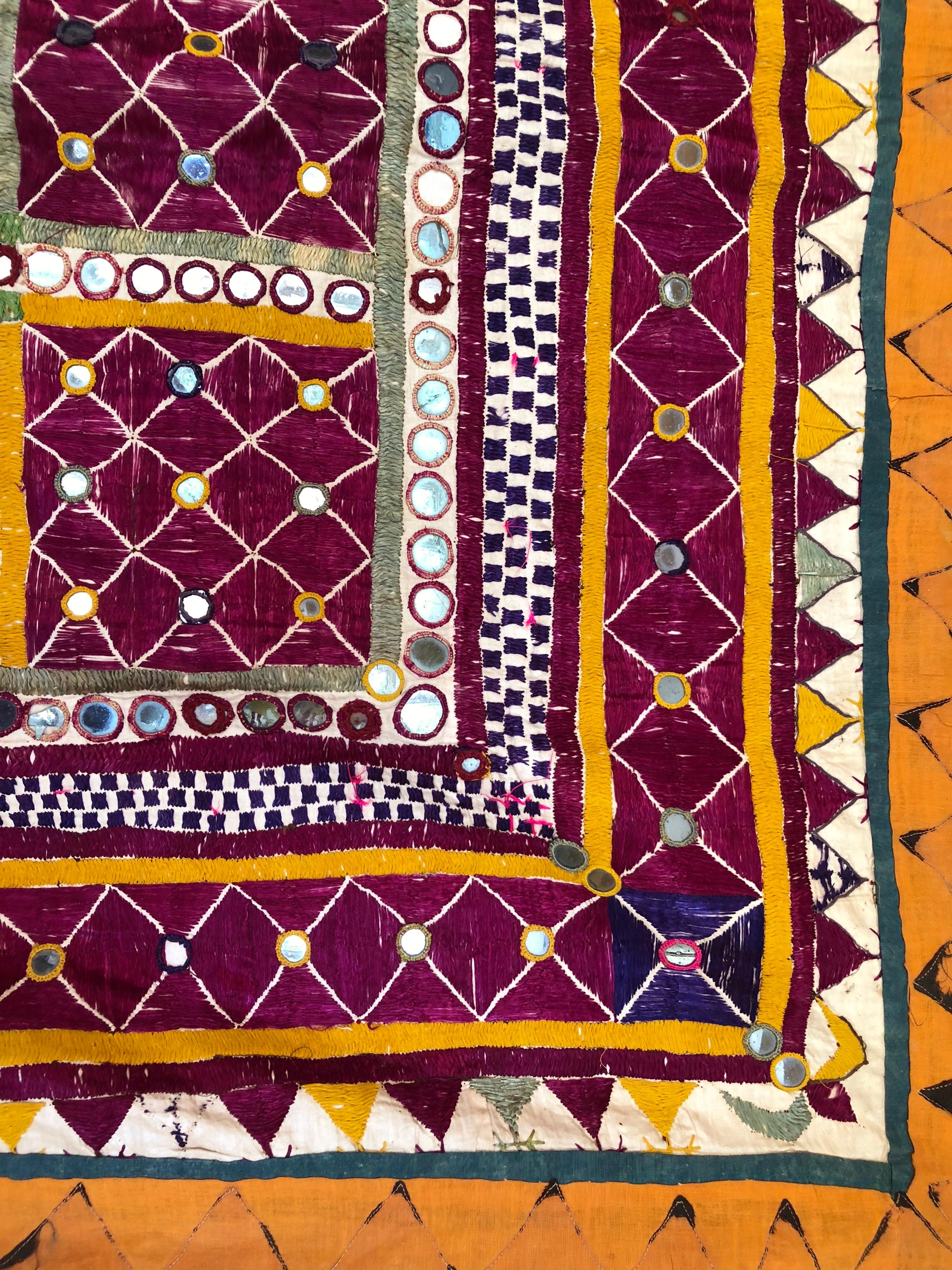 Vintage Banjara Tribal Embroidered Chaakla with Mirrors, Wall Hanging, India In Good Condition For Sale In Glen Ellyn, IL