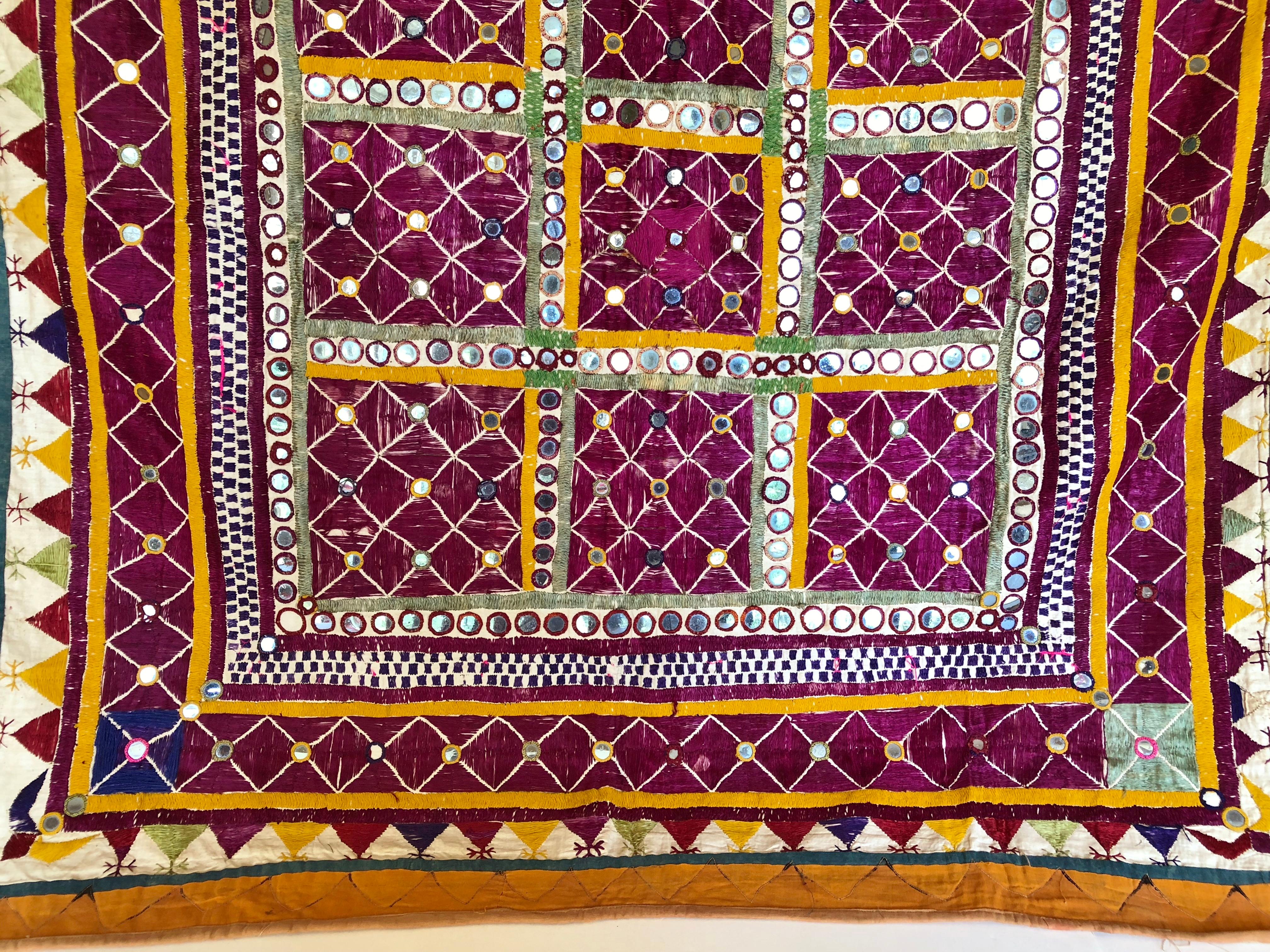 20th Century Vintage Banjara Tribal Embroidered Chaakla with Mirrors, Wall Hanging, India For Sale