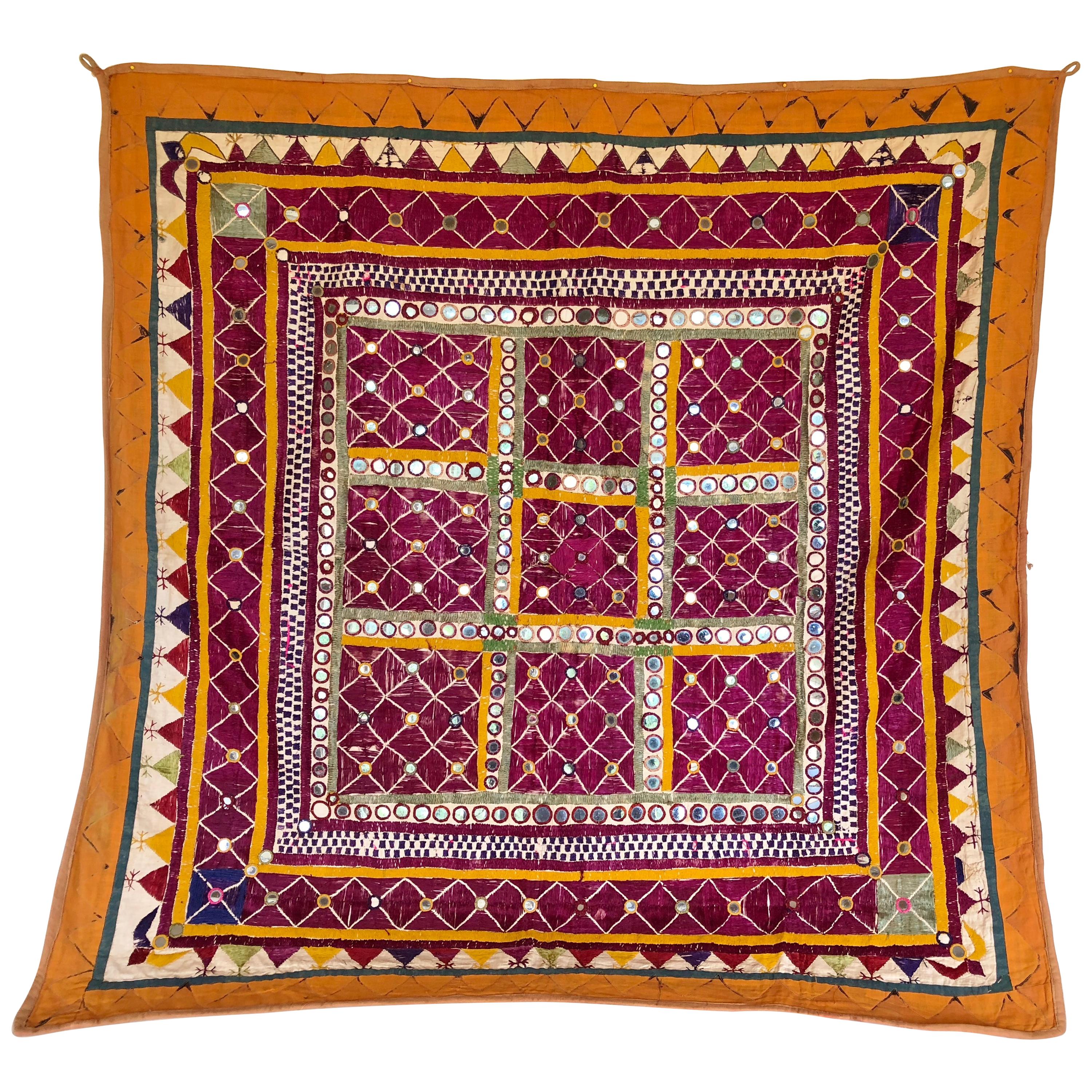 Vintage Banjara Tribal Embroidered Chaakla with Mirrors, Wall Hanging, India For Sale