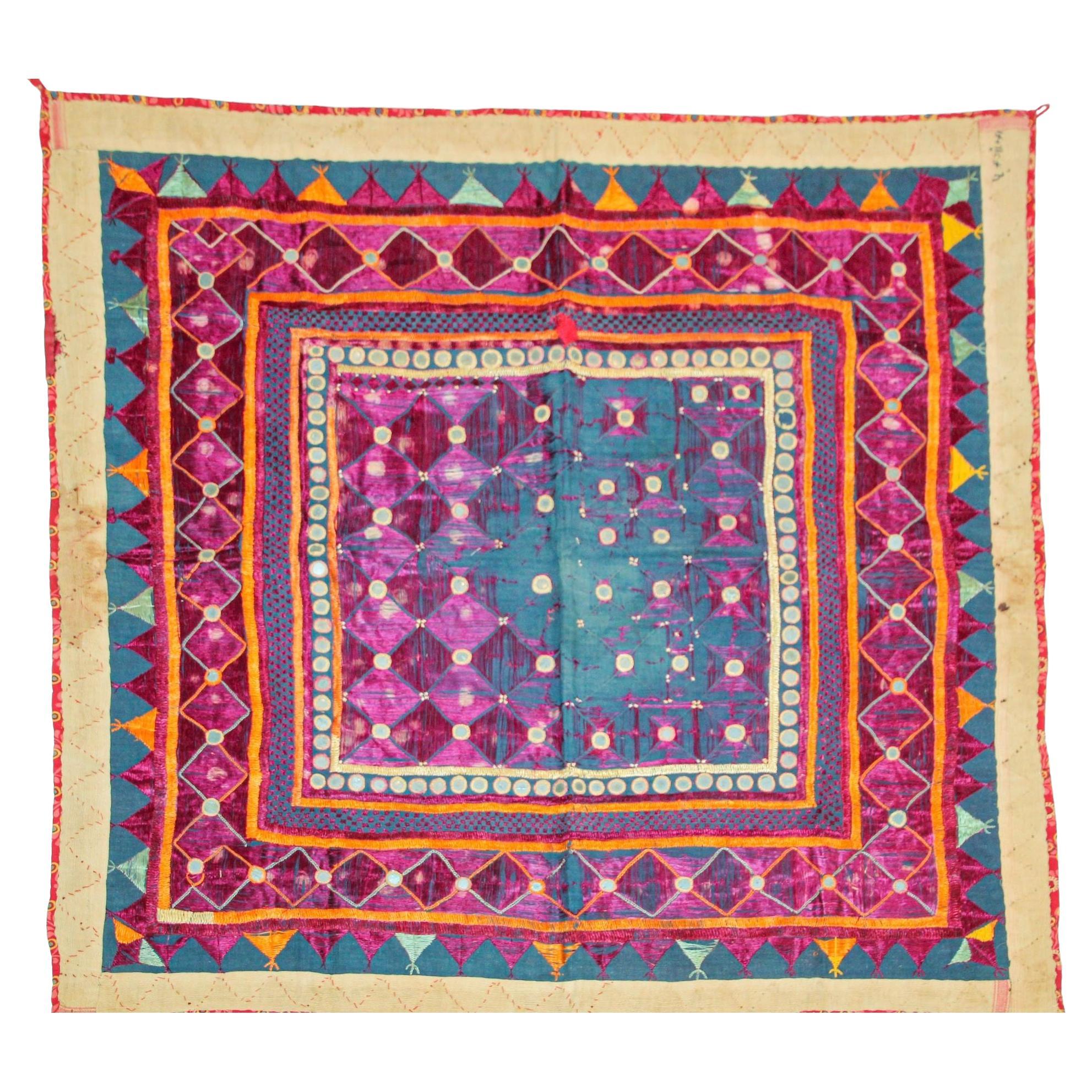 Vintage Banjara Ethnic Embroidered Chaakla with Mirrors, Wall Hanging, India For Sale