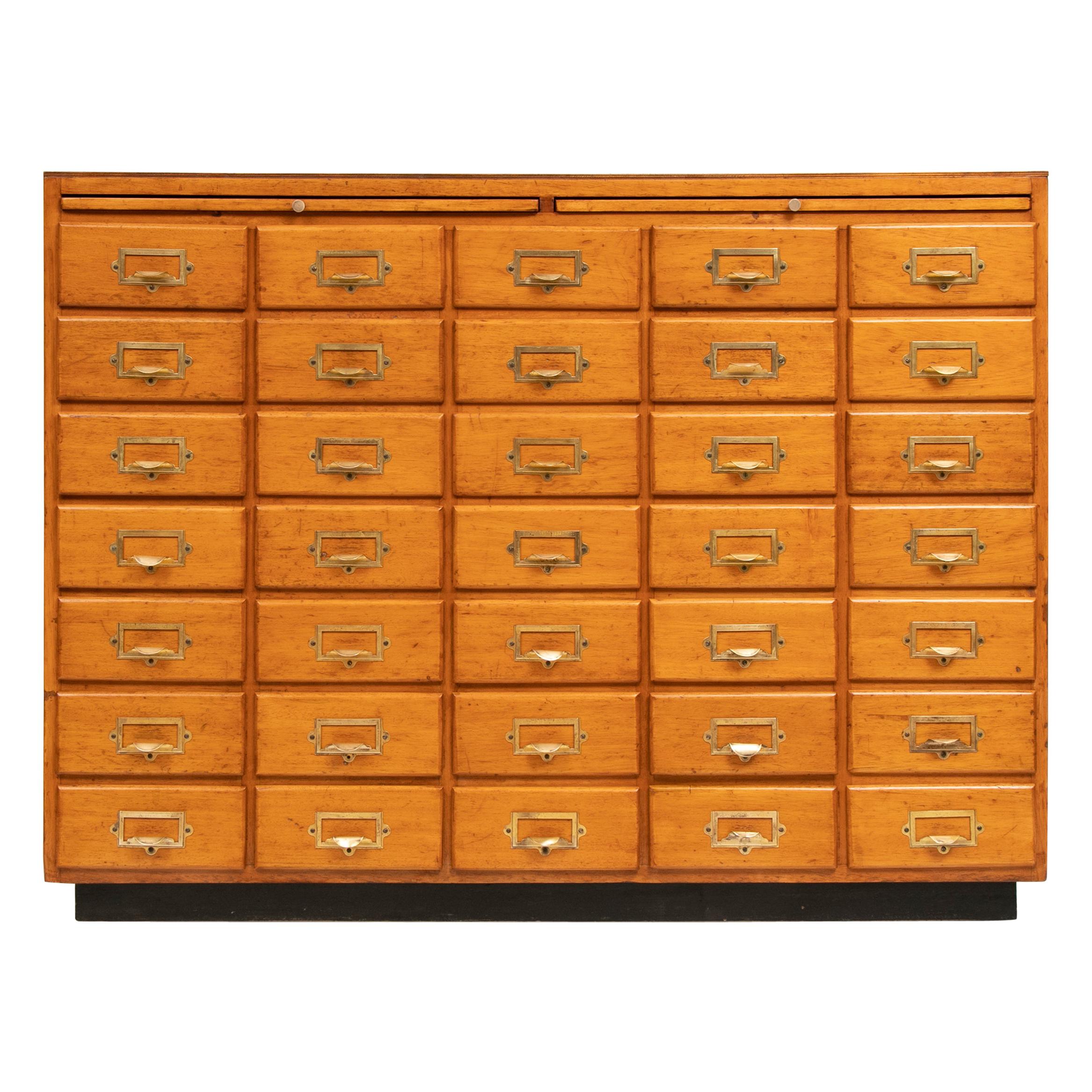Vintage Bank of 35 Drawers with Brass Handles, Label Holders and Two Slides