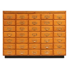 Vintage Bank of 35 Drawers with Brass Handles, Label Holders and Two Slides