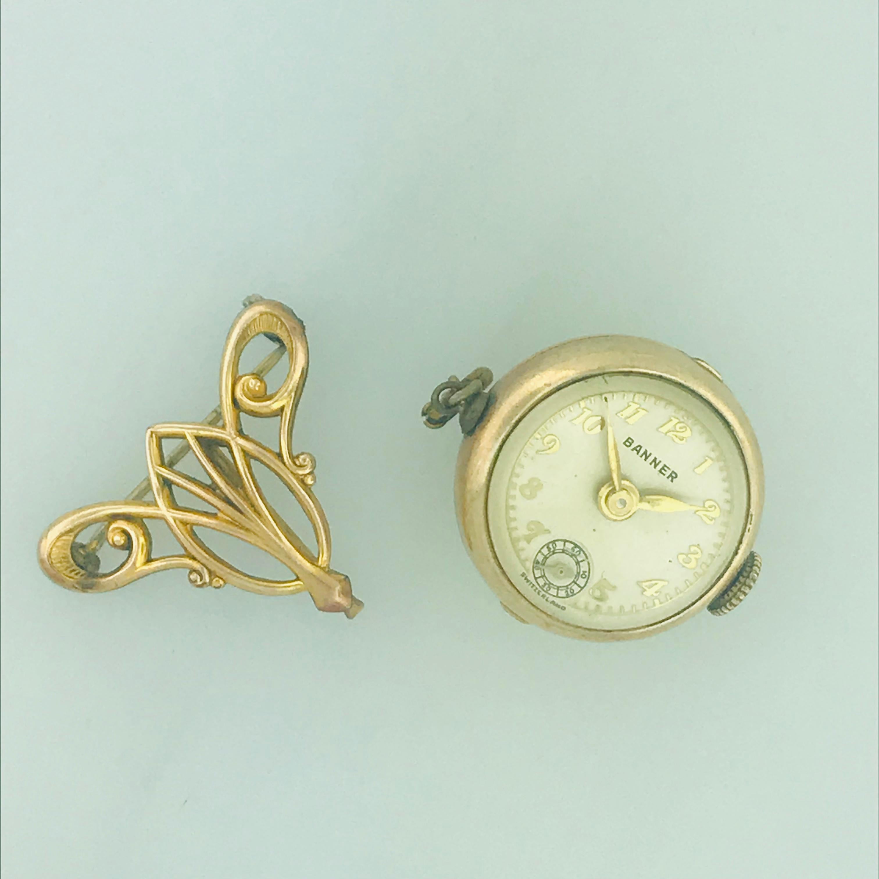 Art nouveau Broche/épingle de montre suisse vintage Banner 7 Bijoux, Caractéristique Skeleton en vente