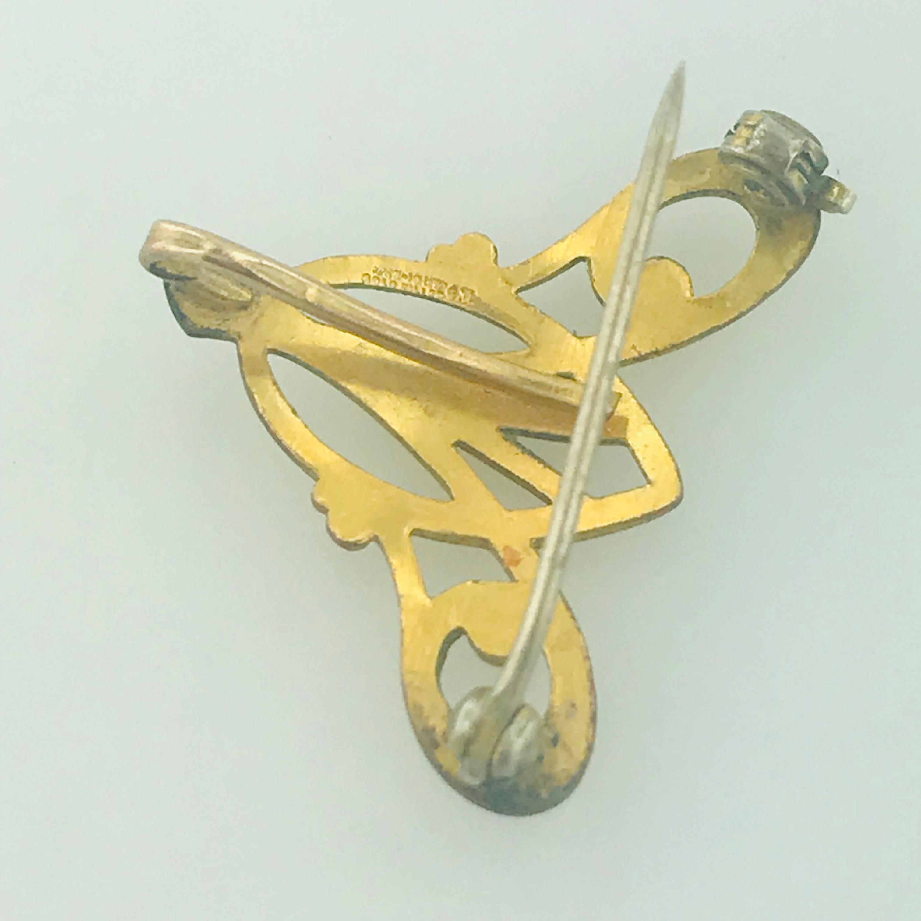 Art Nouveau Vintage Banner 7 Jewel Swiss Watch Pin/Brooch, Skeleton Feature For Sale